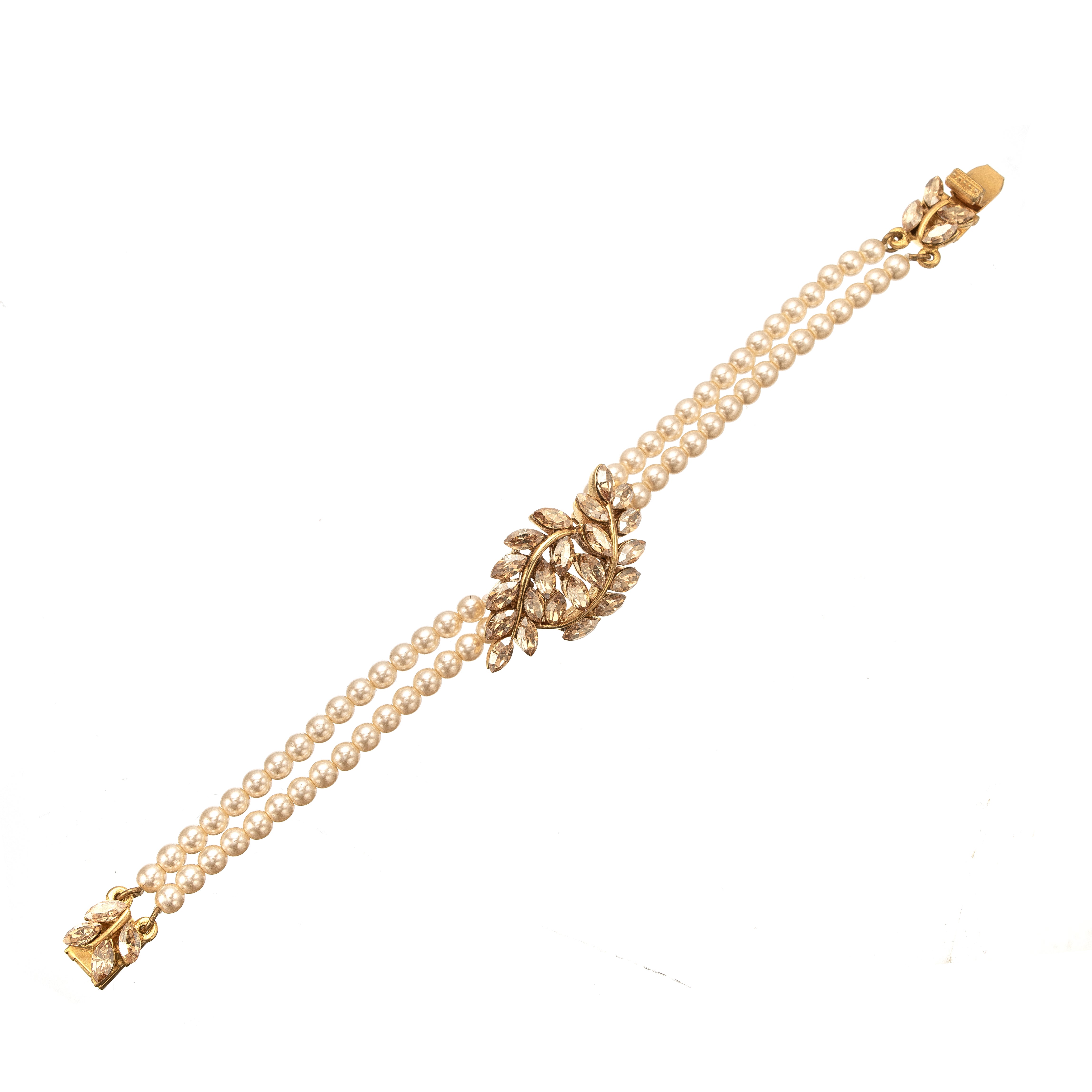 pearl bracelet with gold and crystal vine pendant
