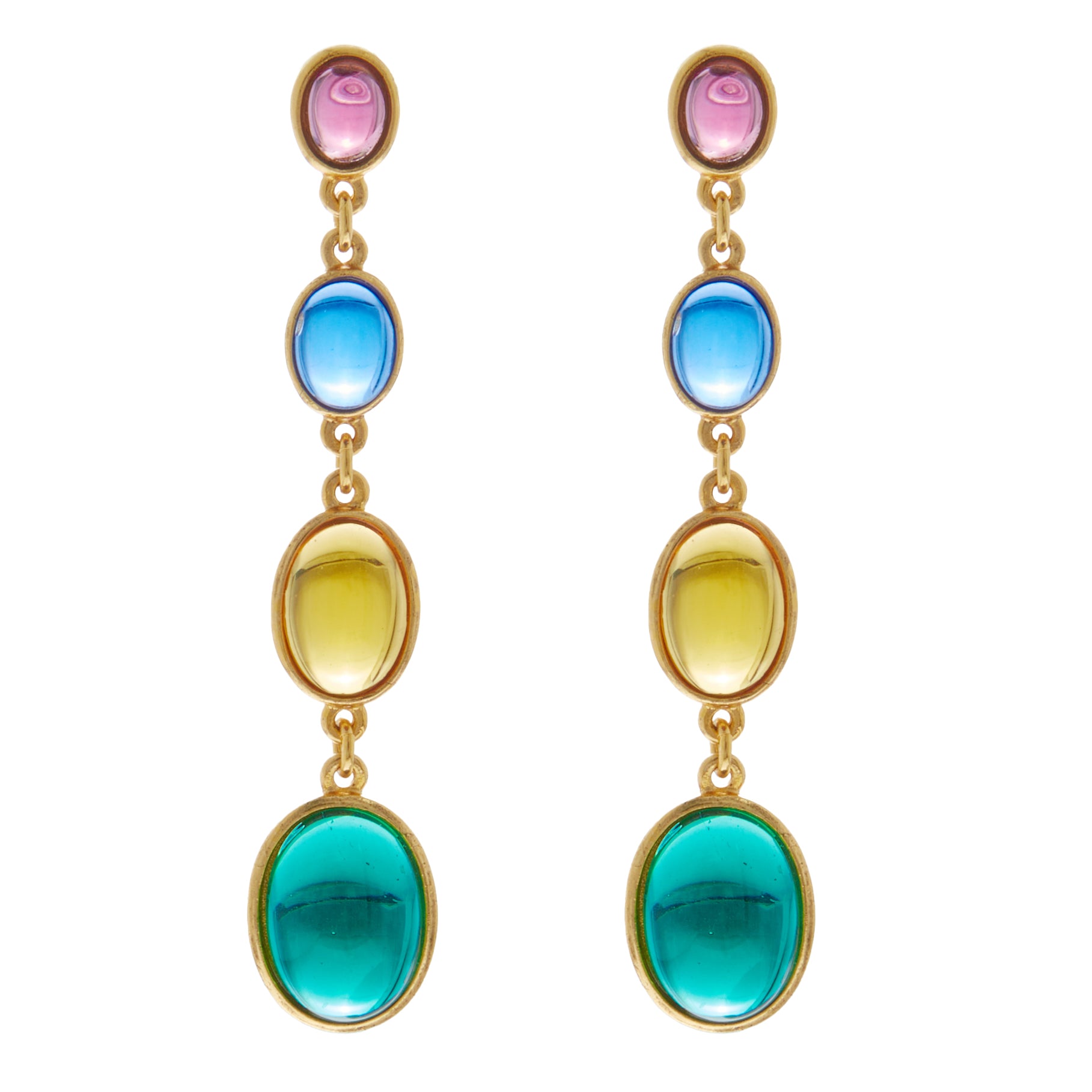 long dangling gold earrings with colorful stones