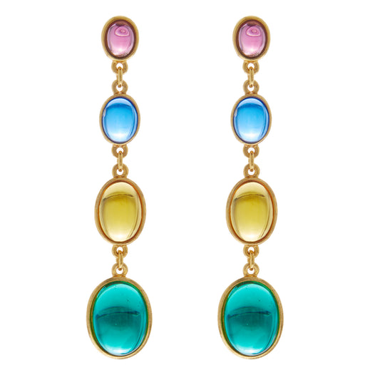 long dangling gold earrings with colorful stones