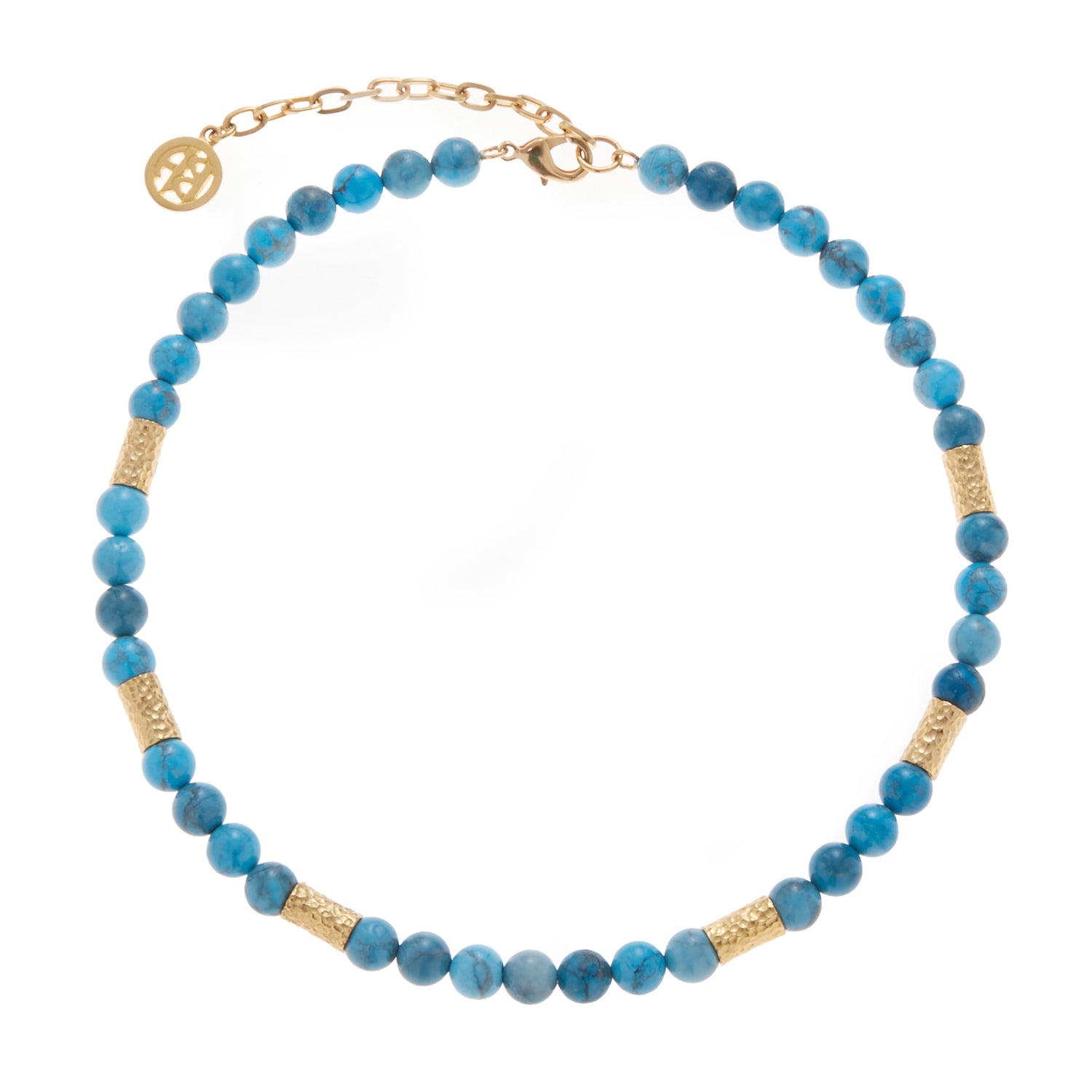 cyan blue marble stone necklace with gold beads