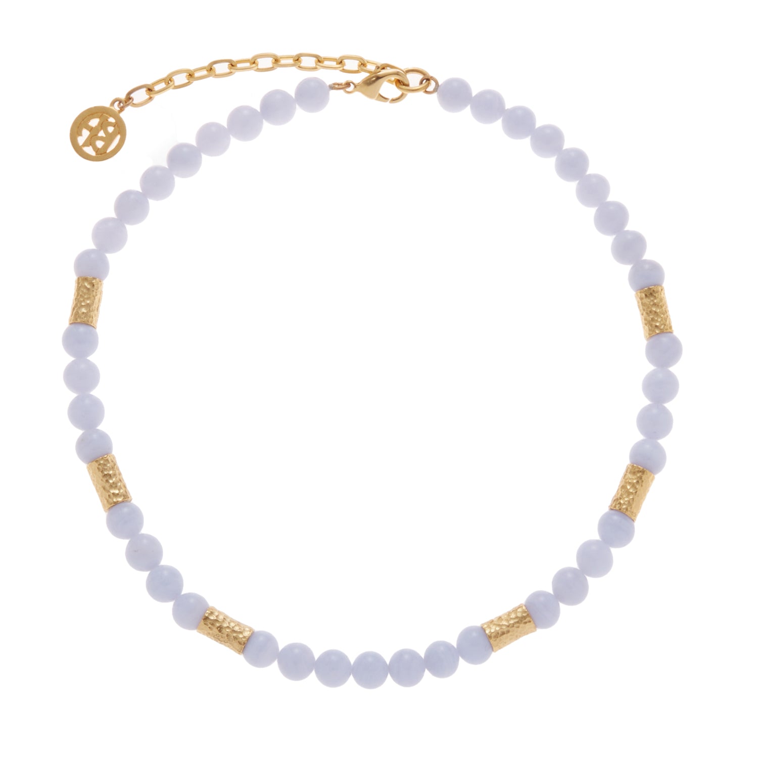 light purple stone necklace with gold beads