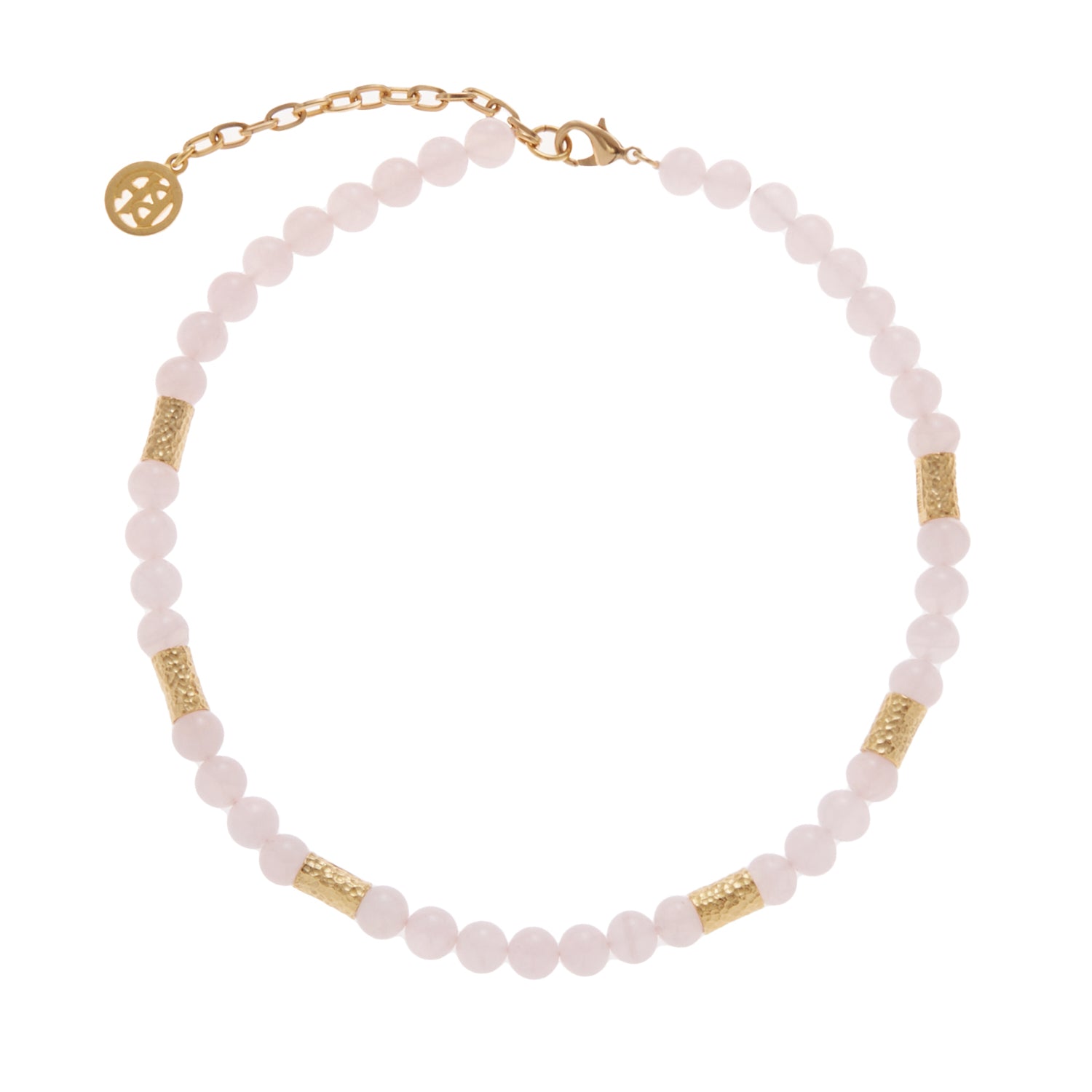 pastel pink stone necklace with gold beads