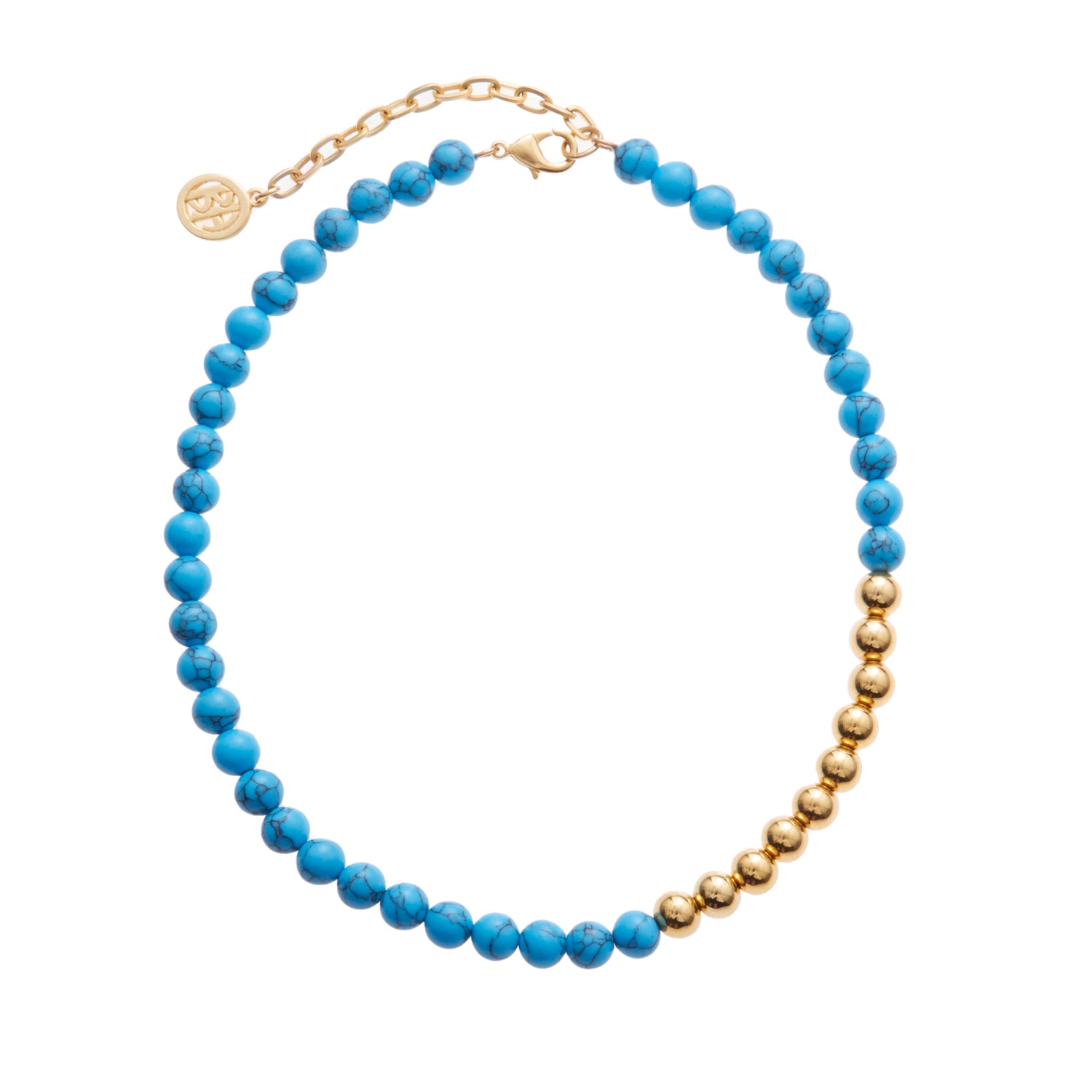 cyan blue marble stone necklace with gold beads