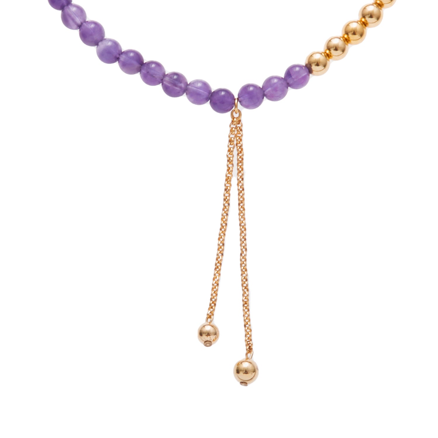 light purple stone necklace with gold beads and hanging chain
