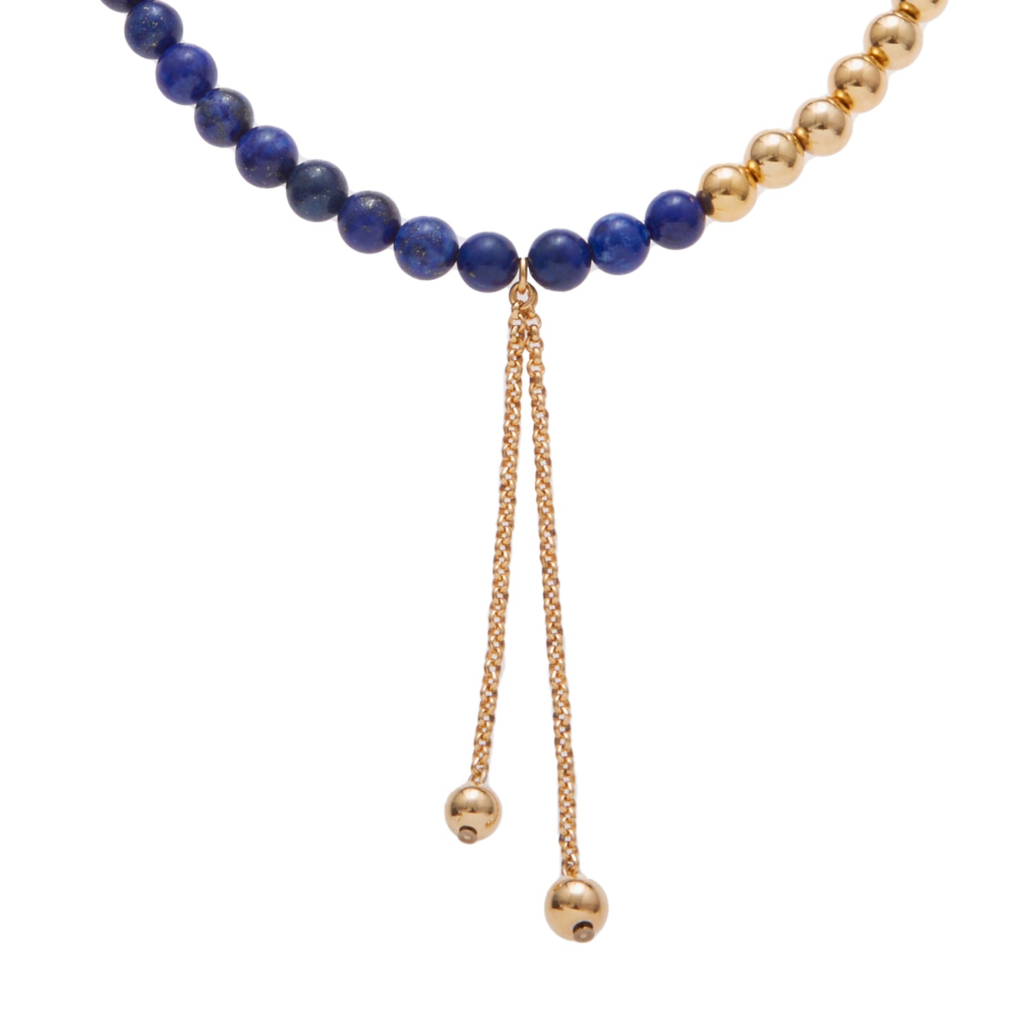 navy blue stone necklace with gold beads and hanging chain