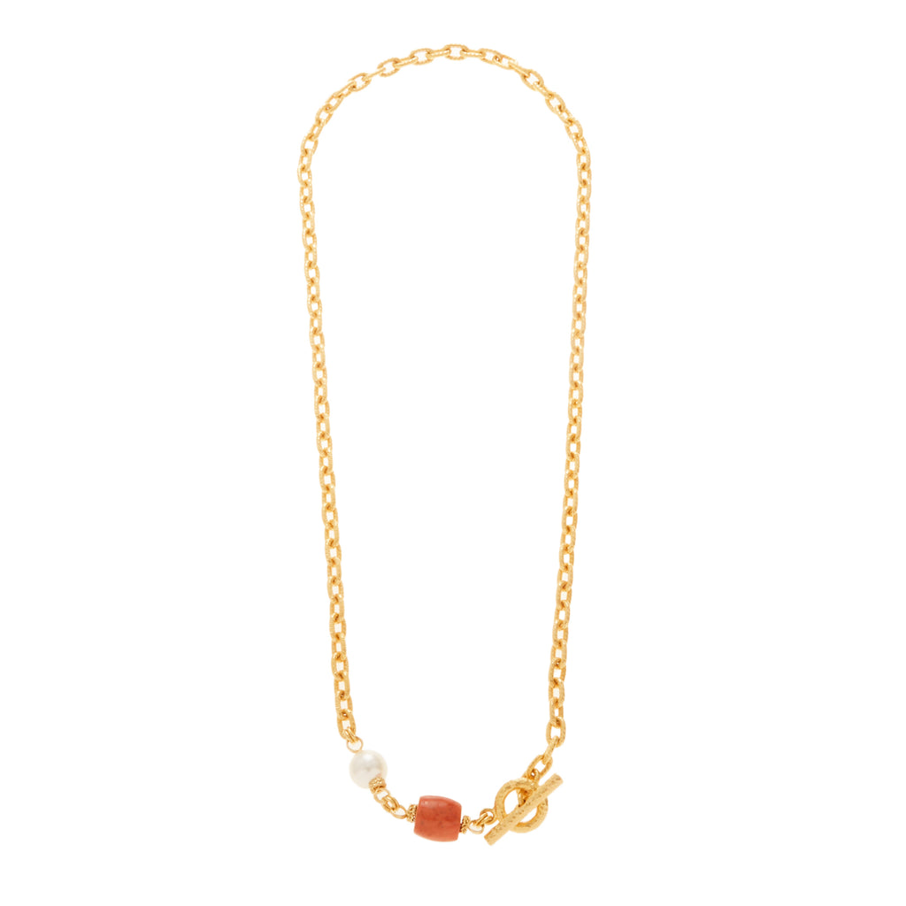 Soleil gold chain necklace w/ pearl + coral bead | Ben-Amun Jewelry