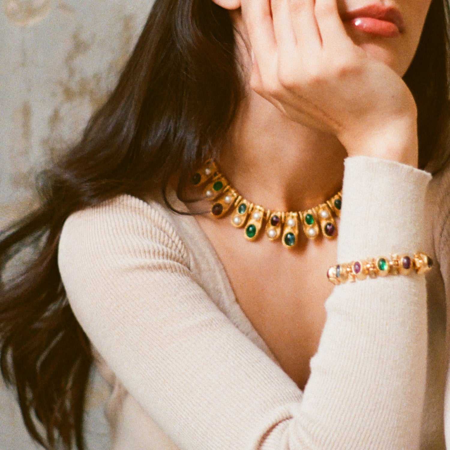 model styled with ben amun gold bracelet and necklace