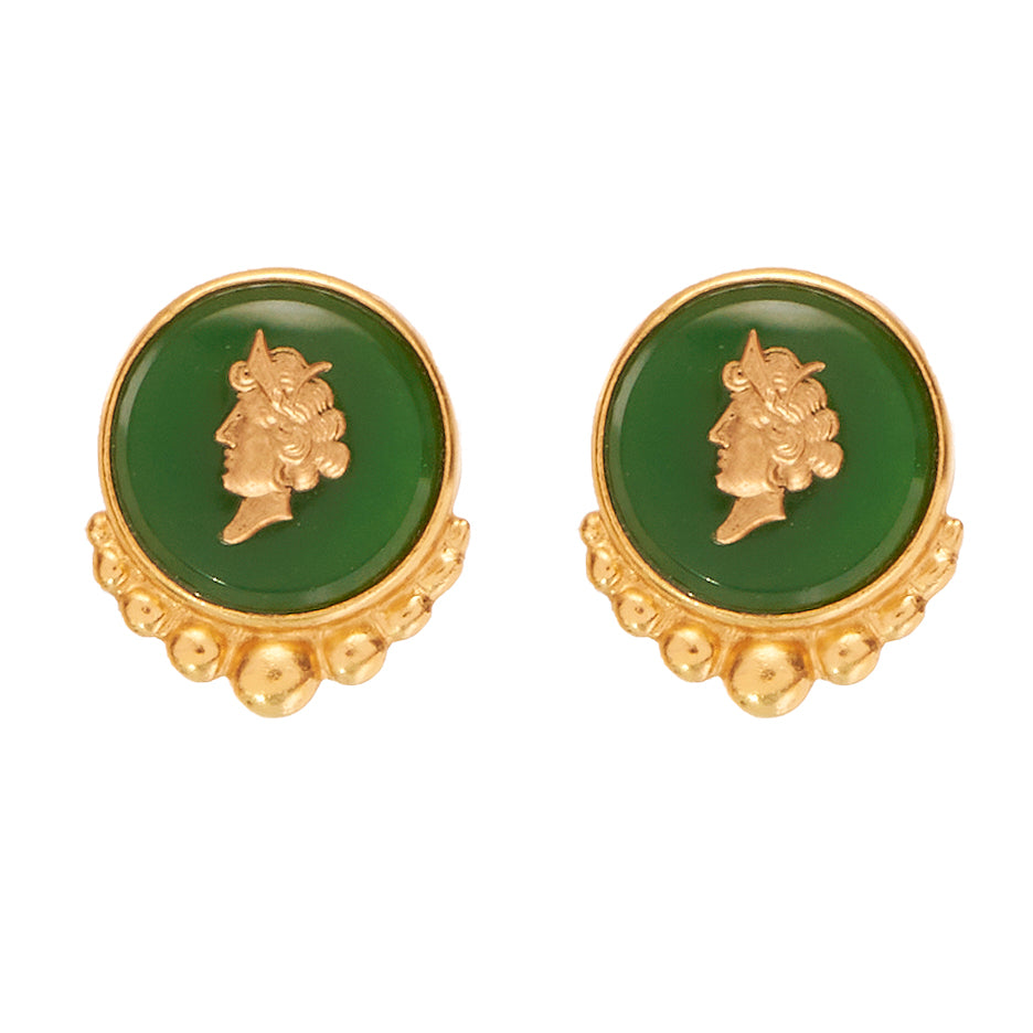 gold plated and green resin cameo clip on earrings 