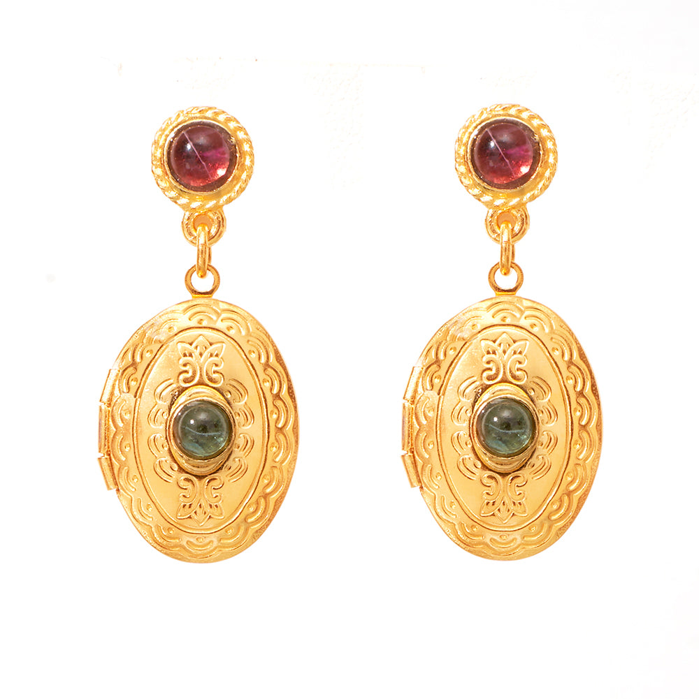 hypoallergenic gold post earrings with openable oval locket 