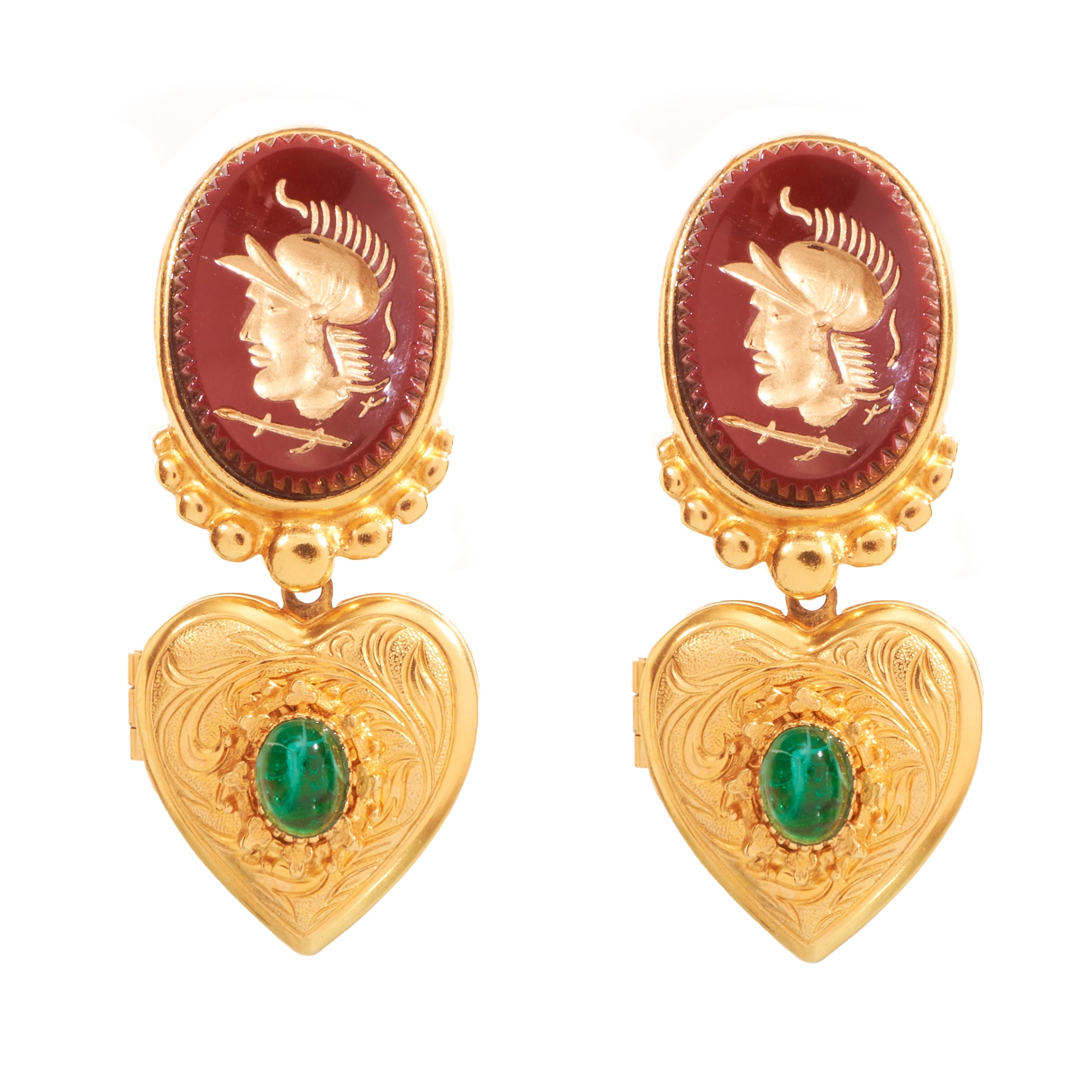 clip on gold heart shaped locket earring with resin cameo and green czech glass stone