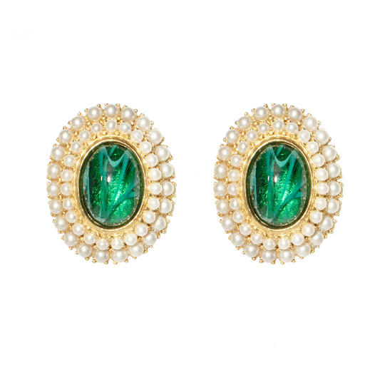 Ben-Amun gold clip on earrings inlayed with green czech glass stones and pearls