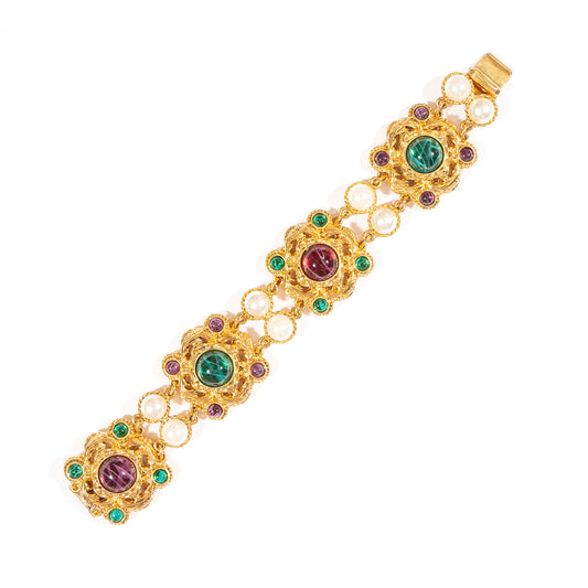 Ben-Amun ornate gold bracelet with czech glass stones, majorca pearls, and box and tongue closure