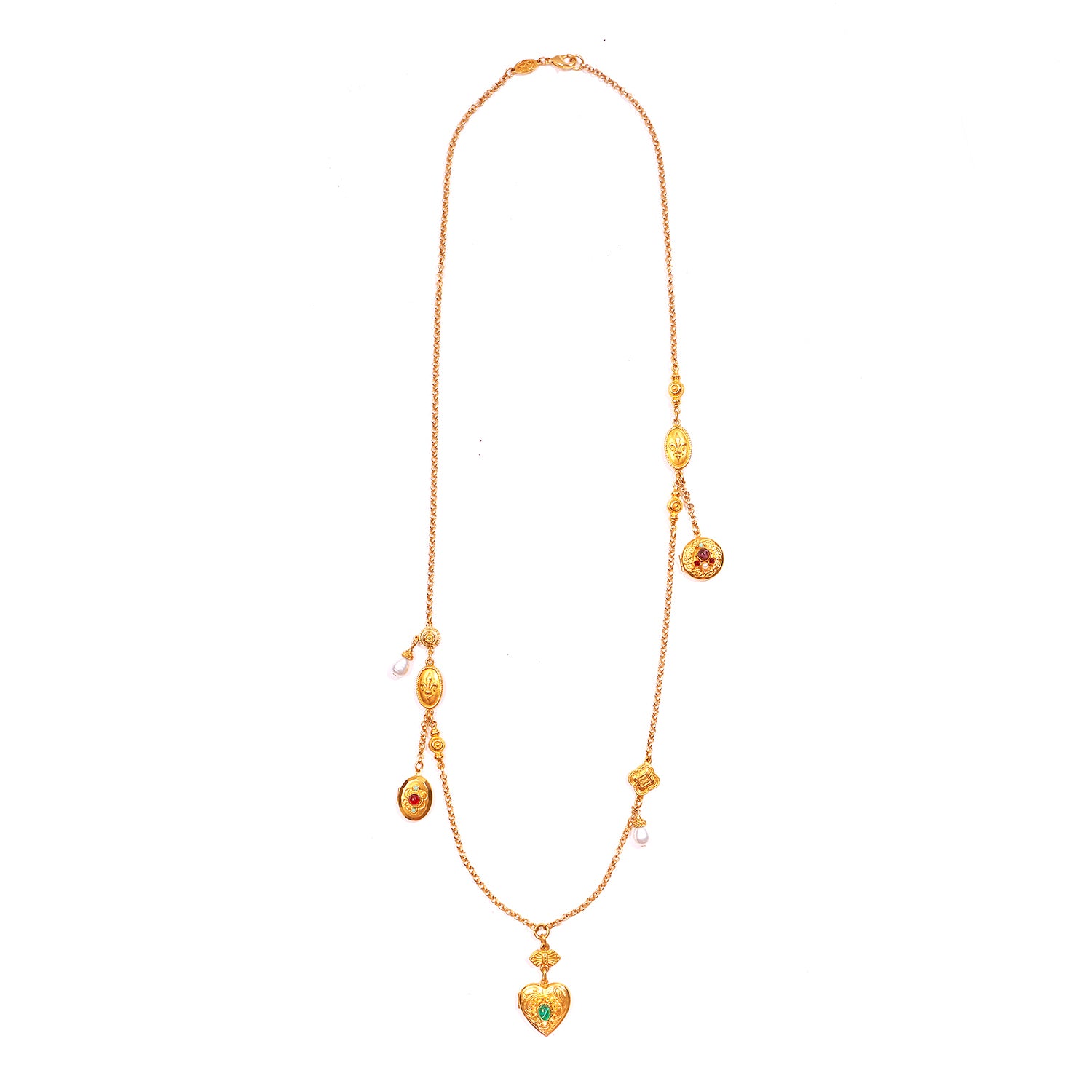 gold chain necklace with heart locket, pearls, and fluer de lis