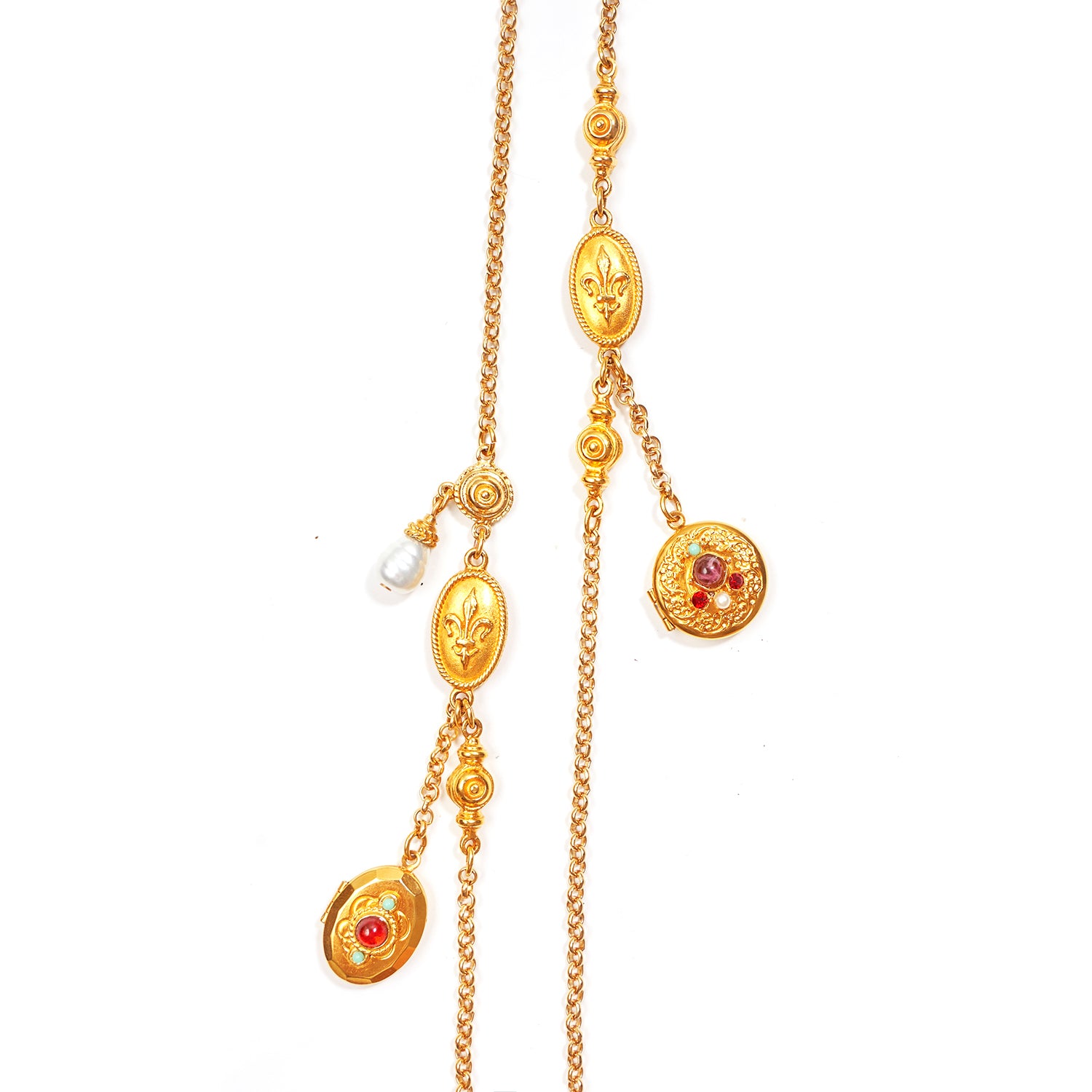 gold chain necklace with lockets, pearls, and gemstones 