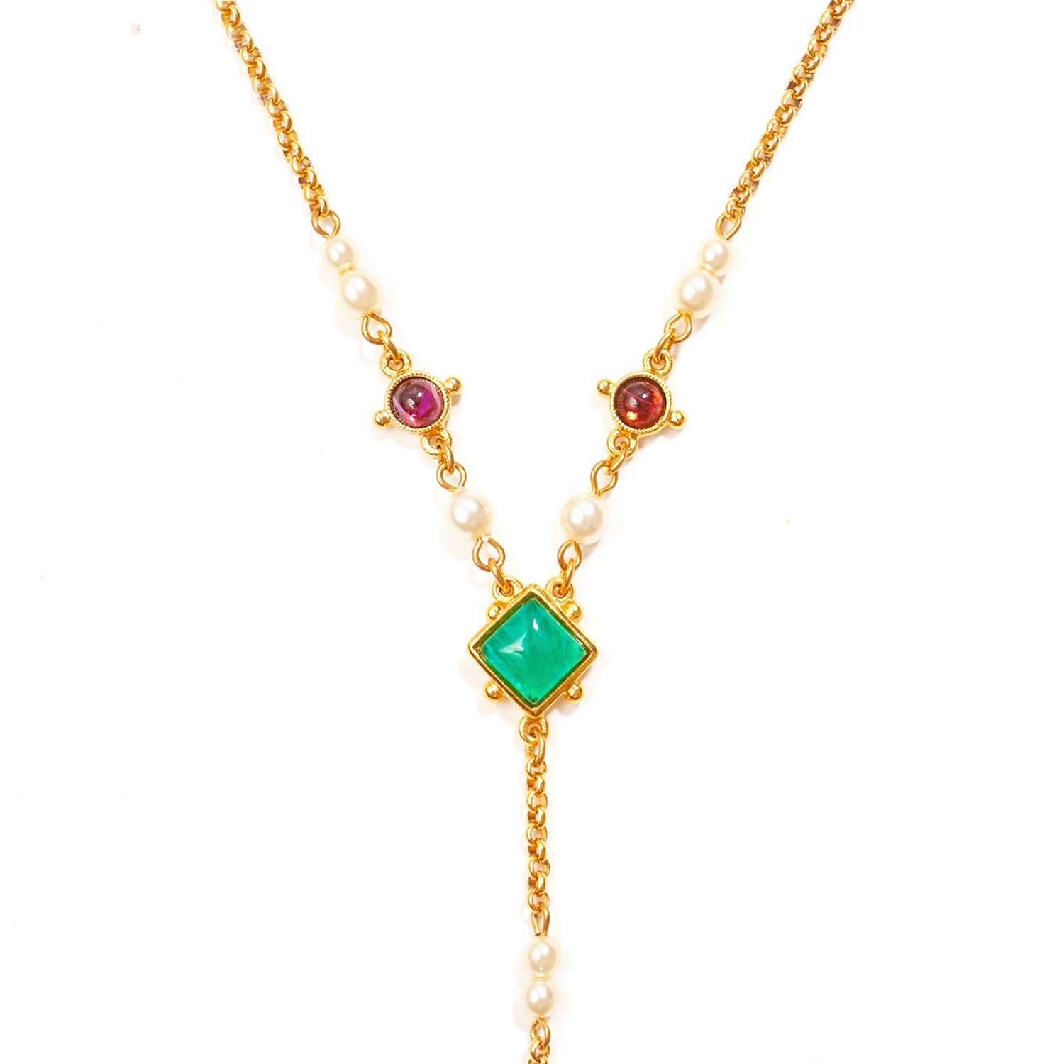 gold statement drop necklace featuring majorca pearls and czech glass stones