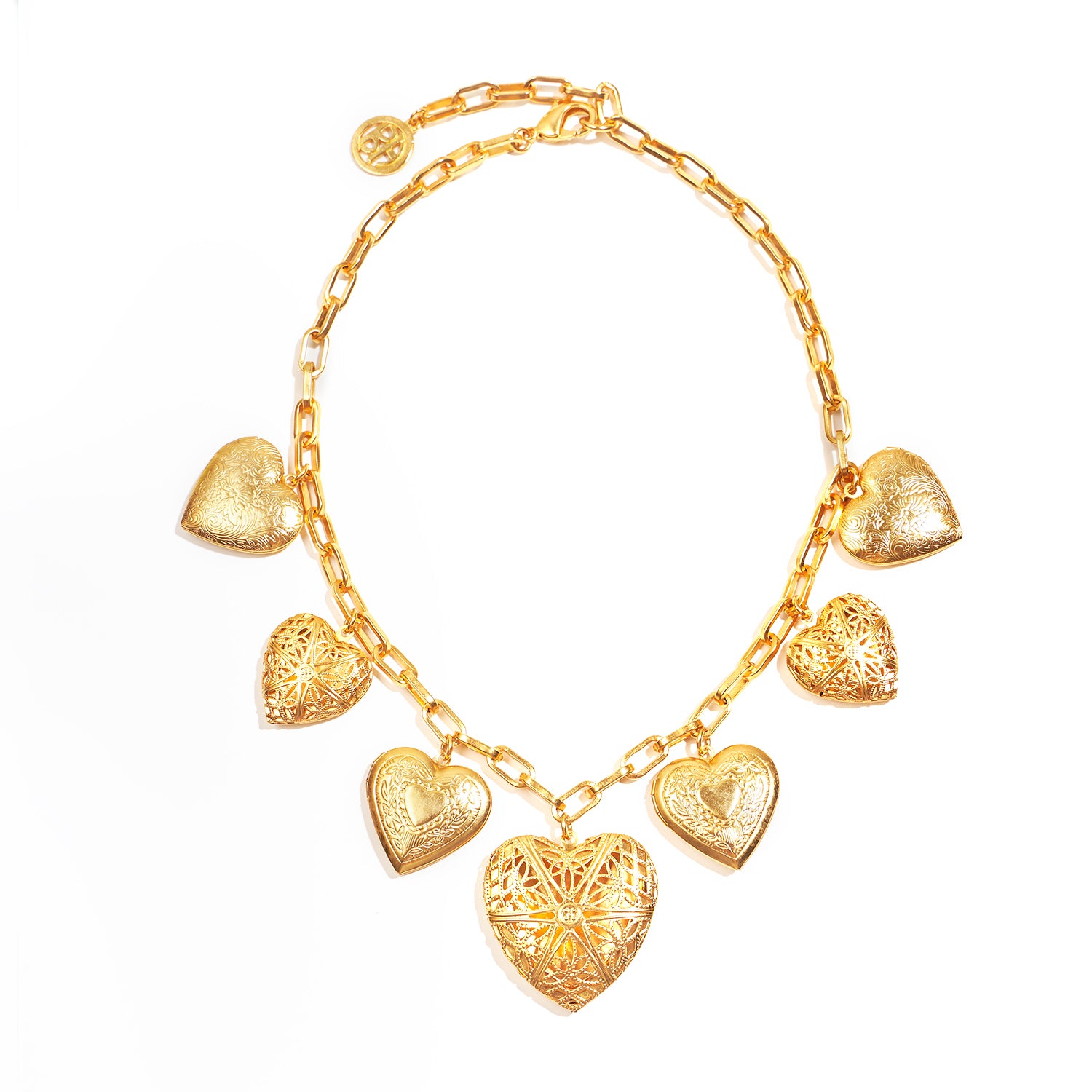 24k gold plated chainlink statement necklace with heart shaped lockets 
