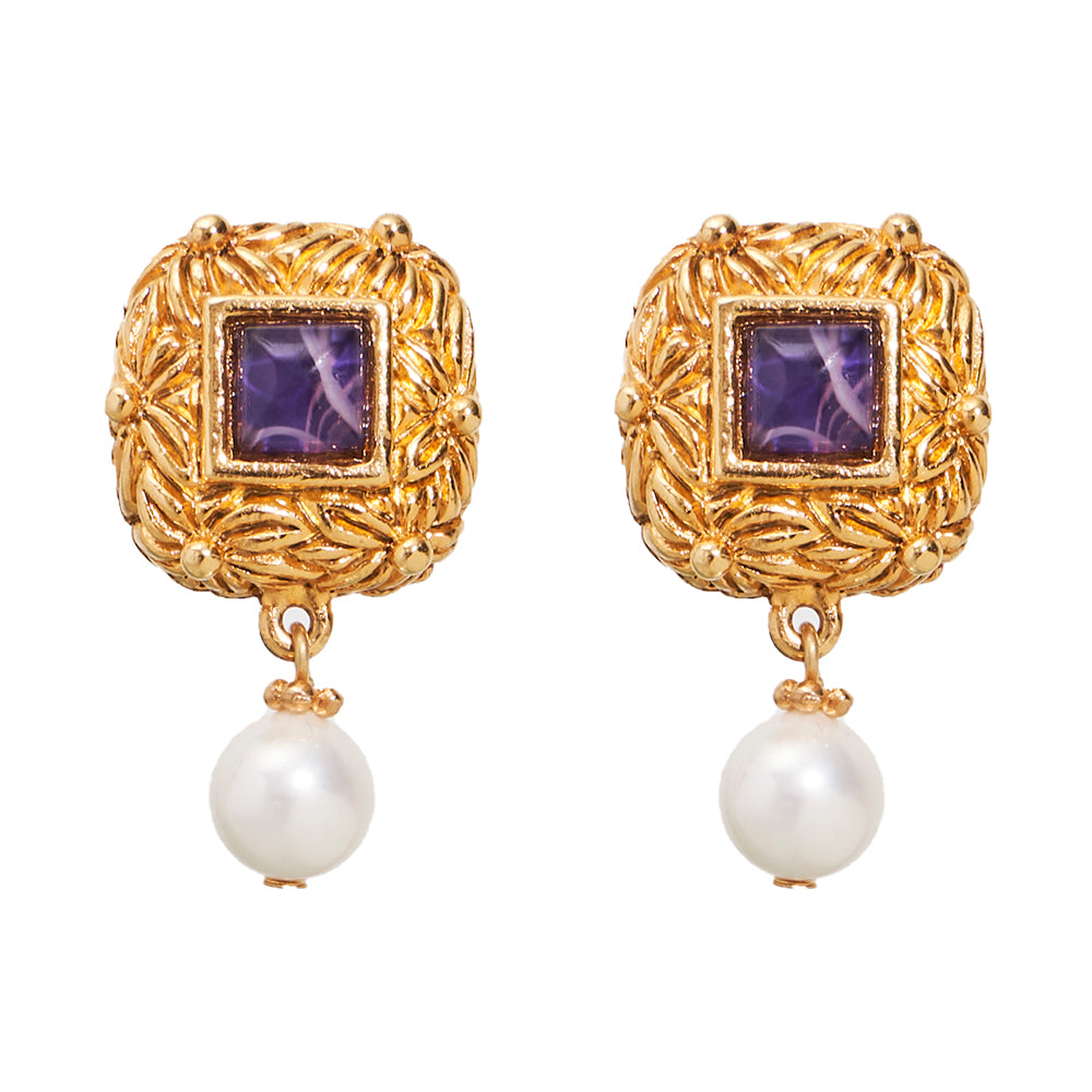 24kt gold plated post earring inlayed with purple czech glass stone featuring pearl drop