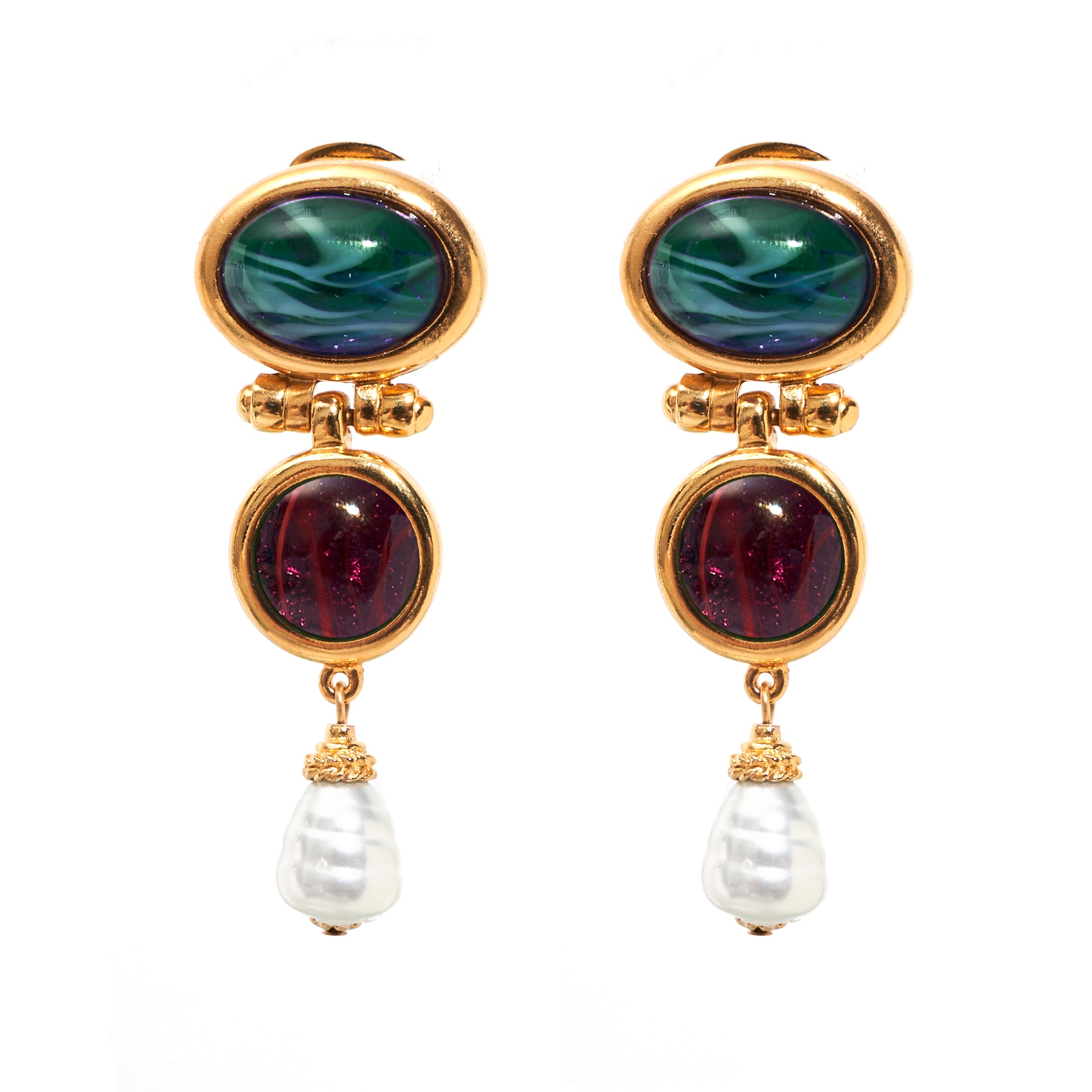 ben amun gold clip on earrings with green and red czech glass stones and majorca glass pearls 