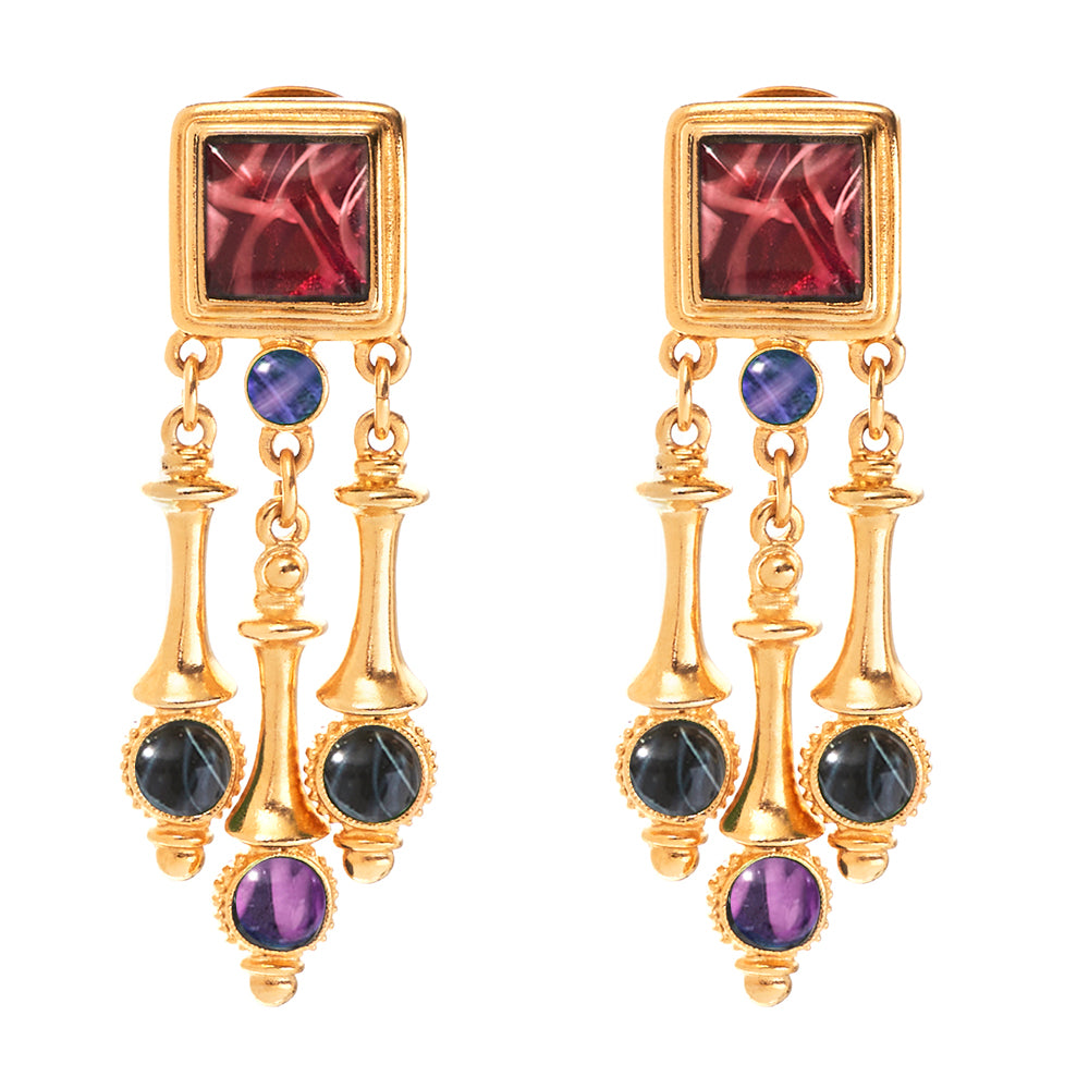 ben amun gold clip-on earrings featuring red, purple and blue czech glass stones