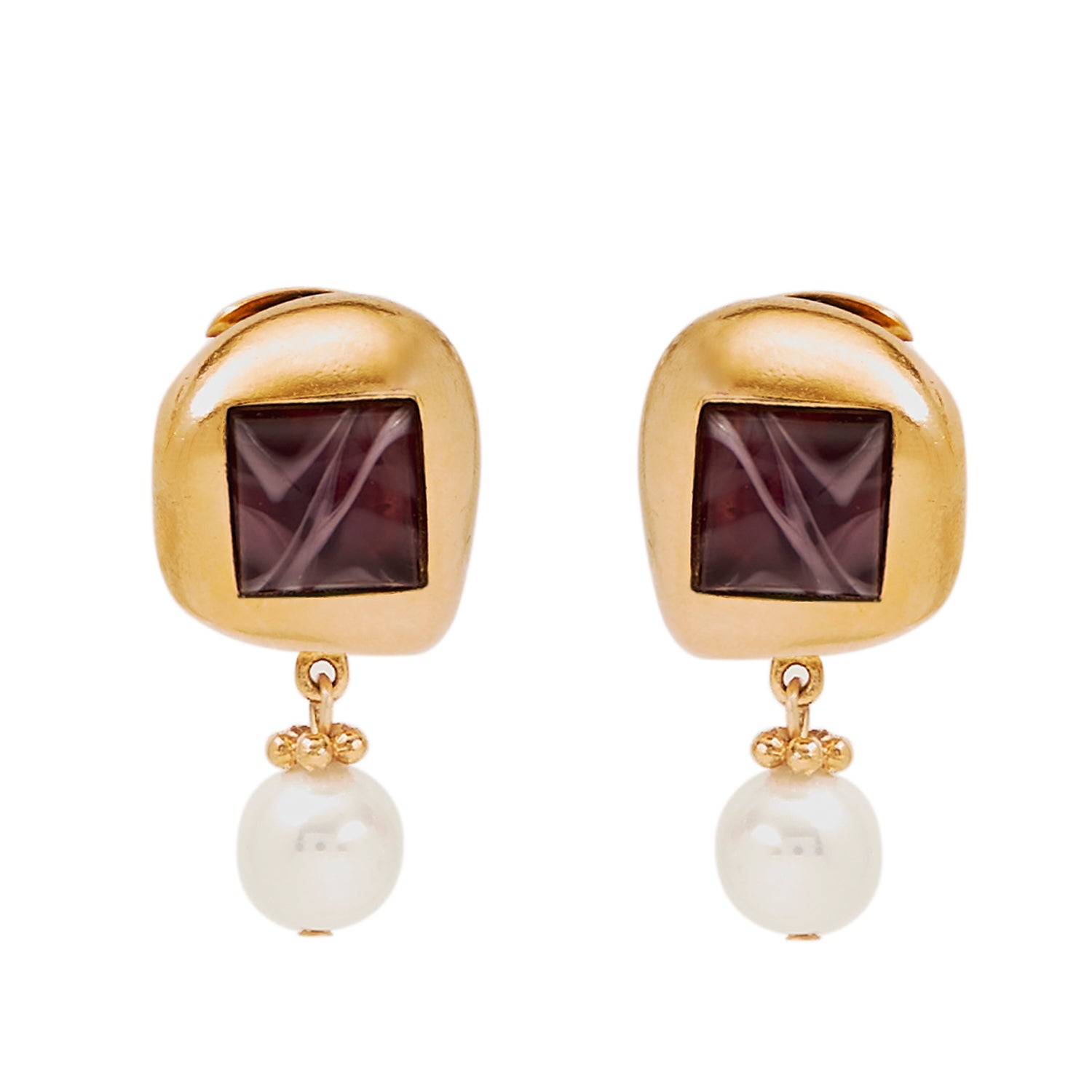 ben amun clip on majorca pearl drop earring inlayed with purple czech glass stone