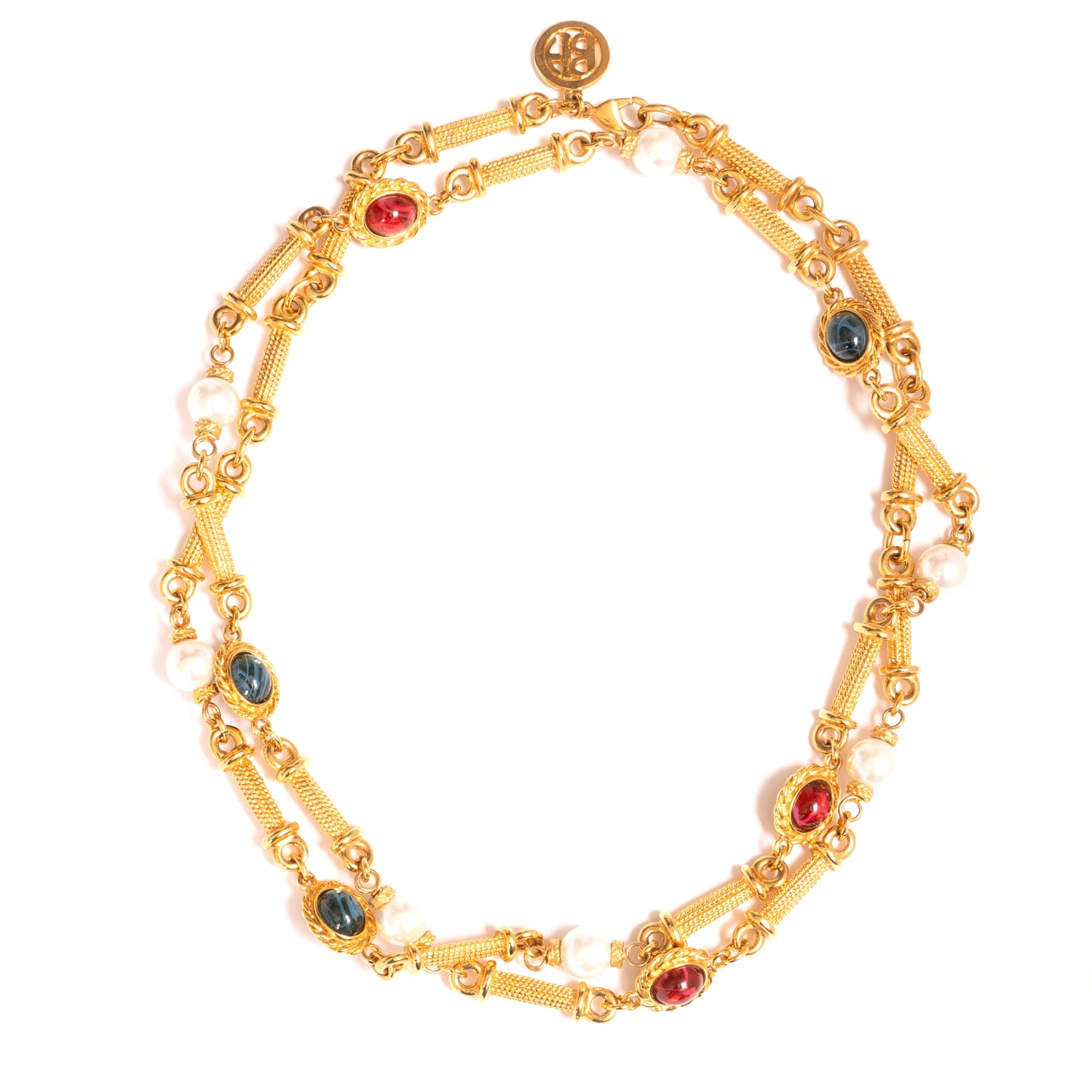ben amun gold necklace featuring blue and red czech glass stones paired with majorca glass pearls 