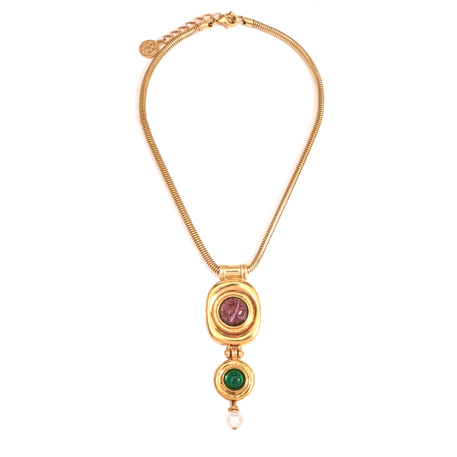 ben amun gold pendant drop necklace inlayed with czech glass stones and majorca glass pearls 