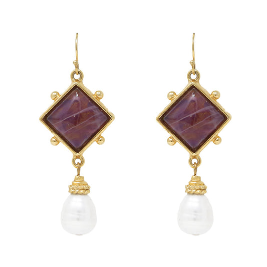 Ben-Amun gold fish hook earring with red czech glass stone and majorca pearls