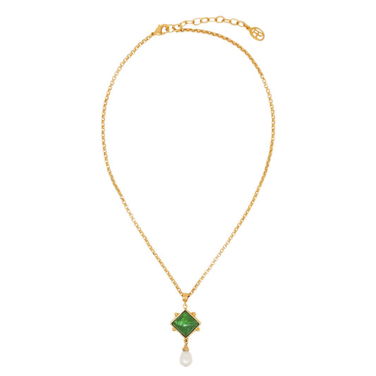 Ben-Amun thin gold chain necklace with green czech glass stones and majorca glass pearls with lobster claw closure