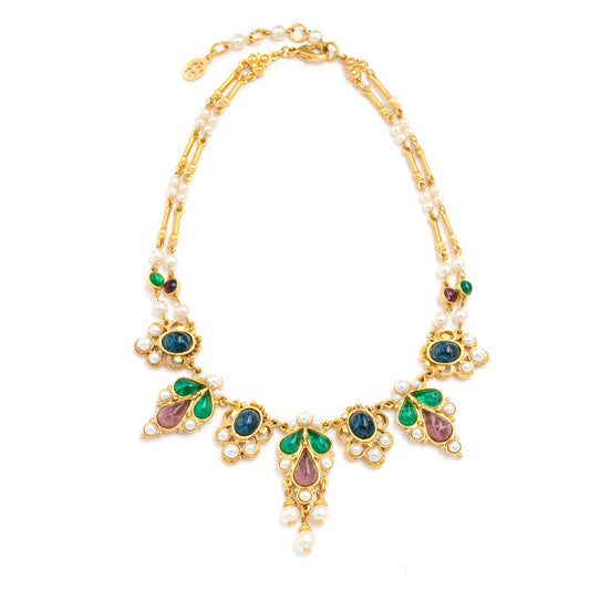 Ben-Amun double layer gold, pearl, and czech glass stone necklace with lobster claw clasp