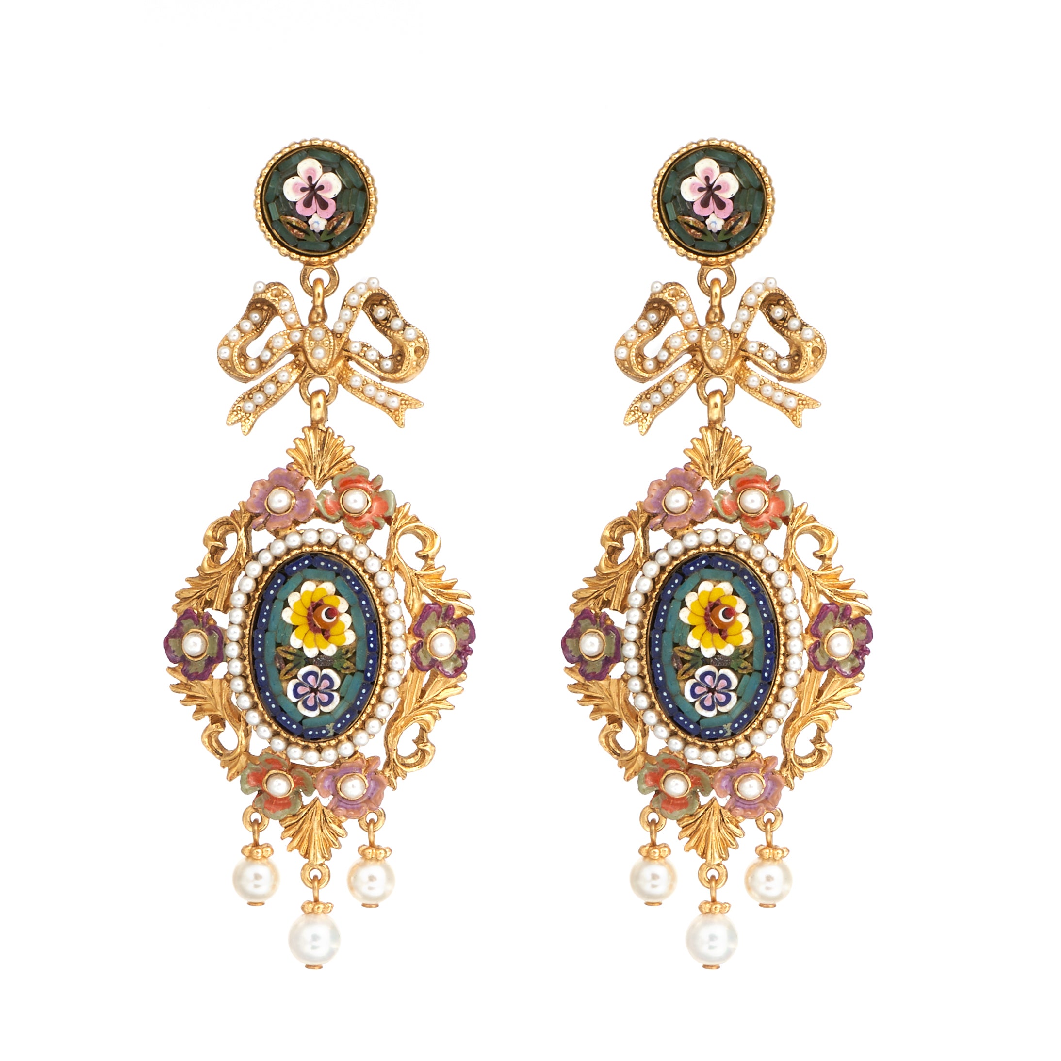 Ben-Amun earrings adorned with multiple mosaics, majorca pearls, and hand painted enamel sections  