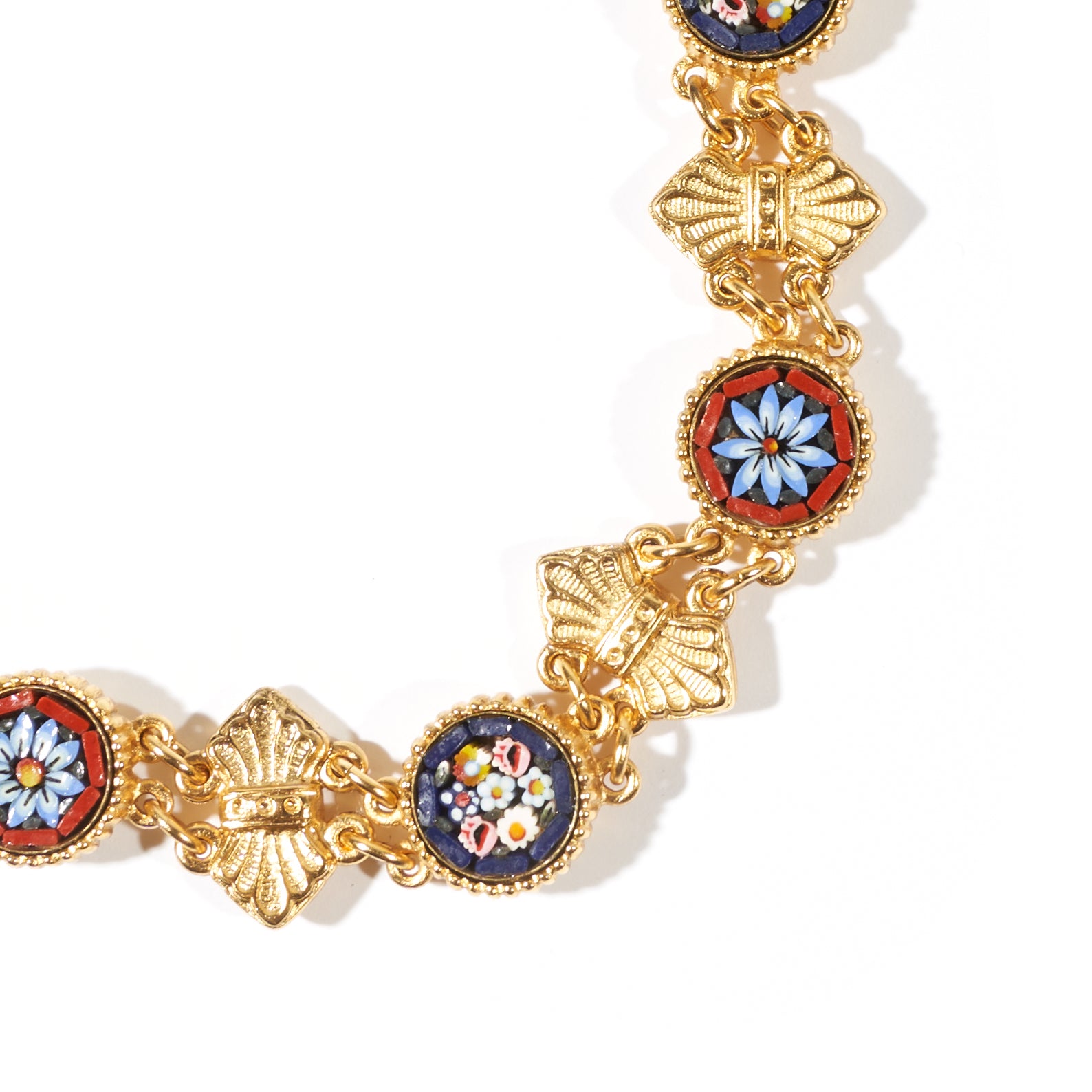 closeup of handmade mosaics on Ben-Amun gold plated bracelet 