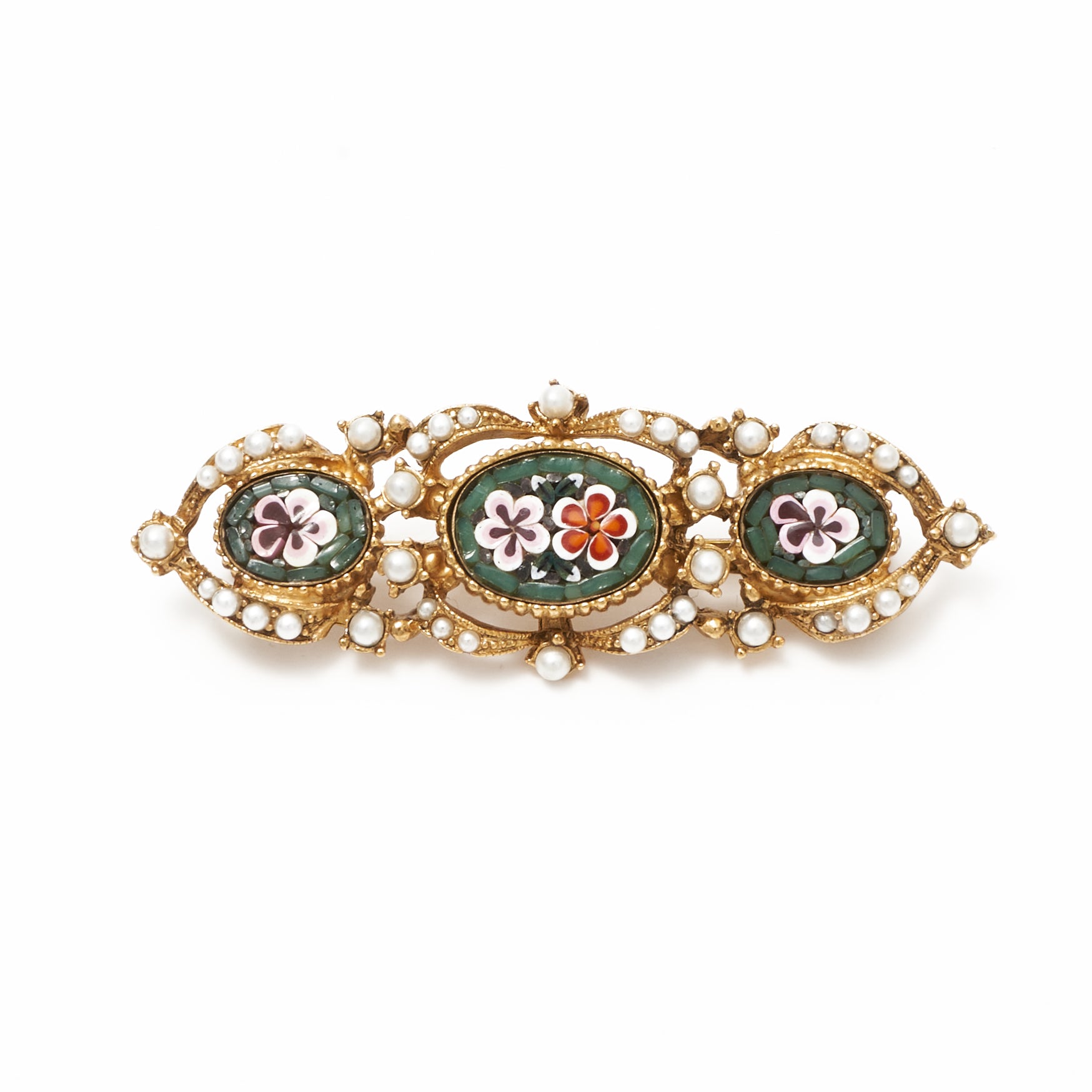 Ben-Amun brooch inlayed with three mosaics and multiple pearls 