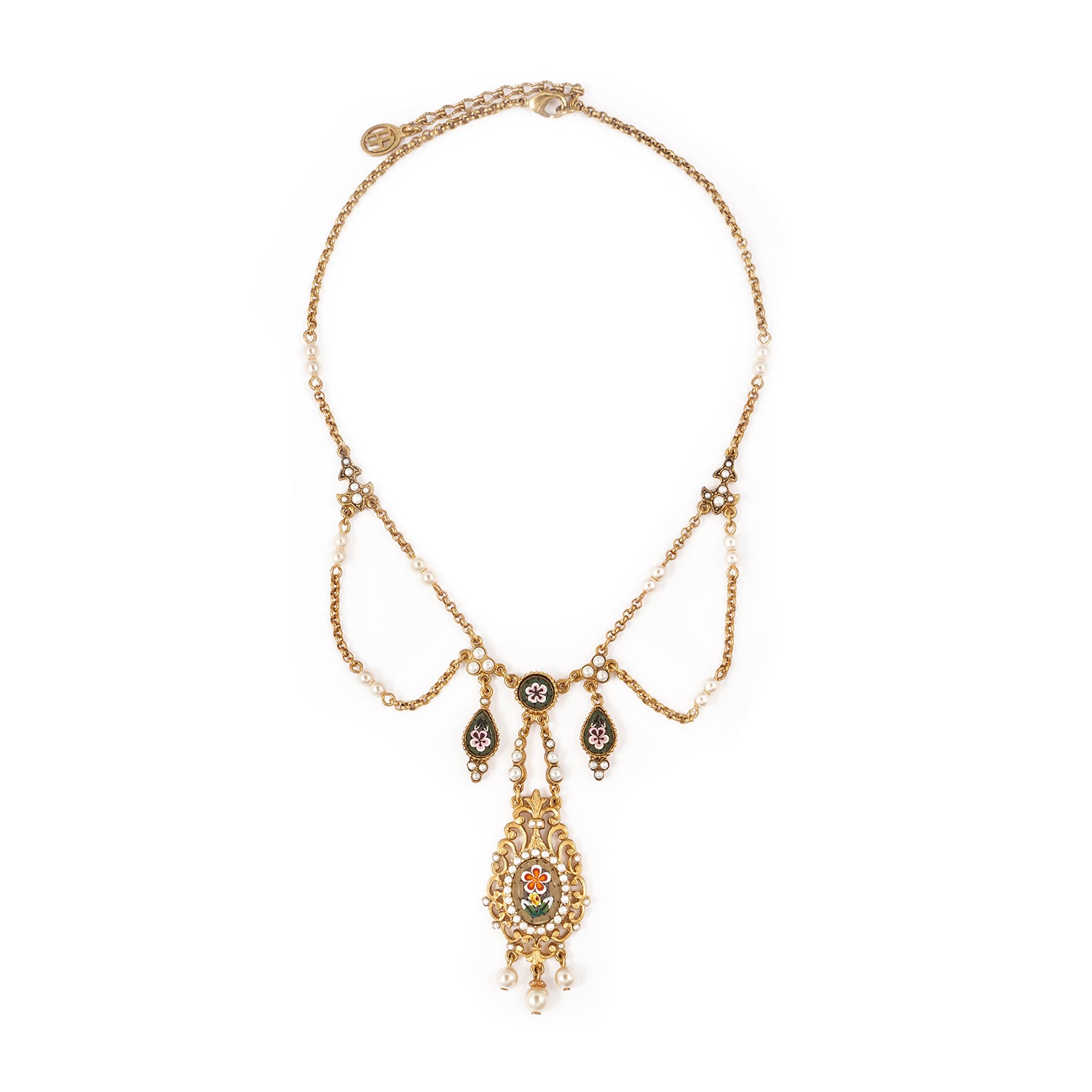 Gold plated necklace with large mosaic and pearl drop 