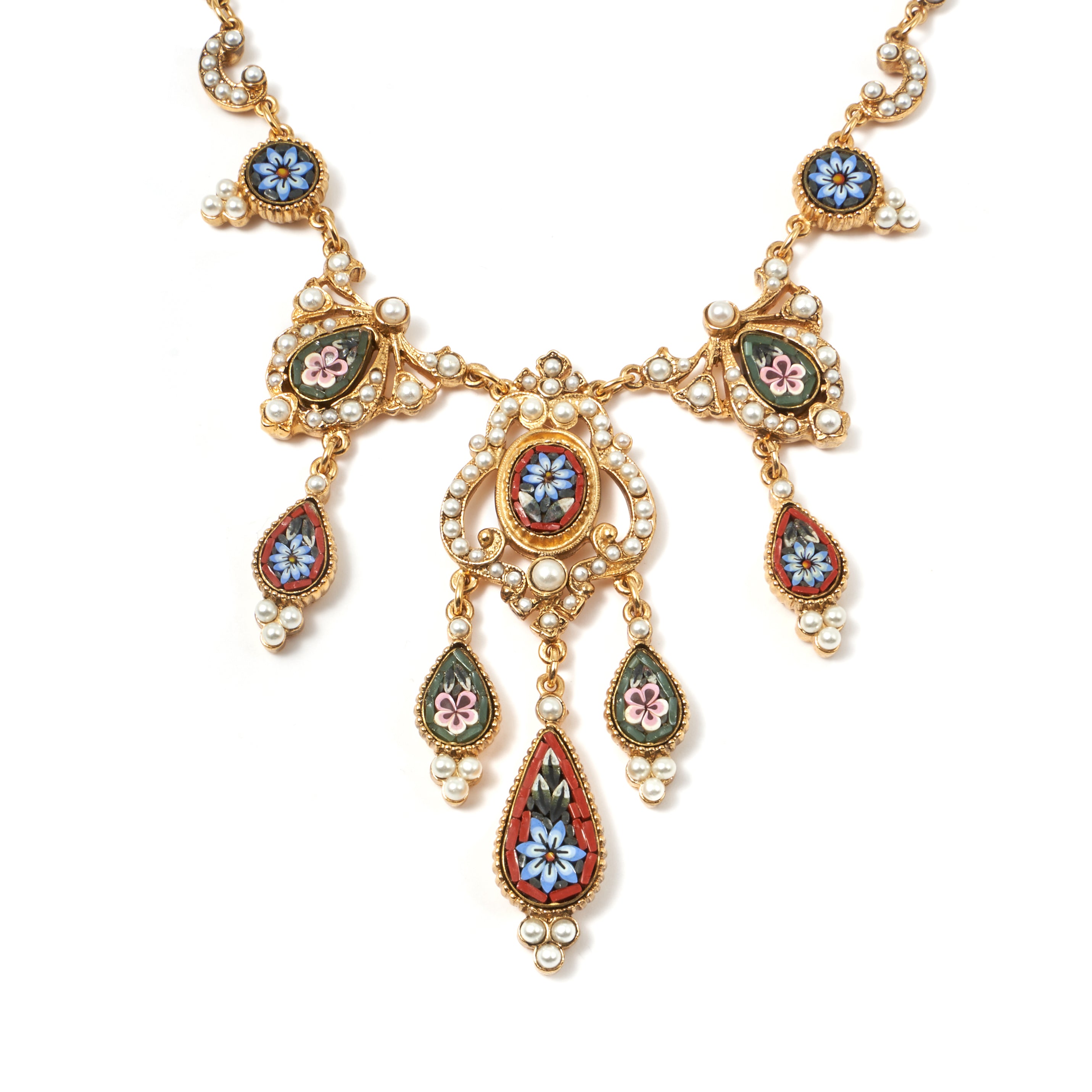 close up of Ben-Amun micro mosaic and majorca pearl necklace