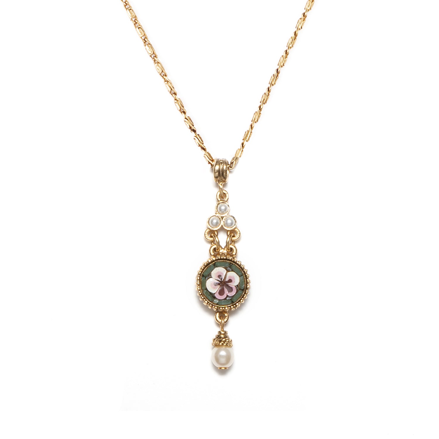 closeup of green mosaic on Ben-Amun simple thin gold plated chain adorned with pearls