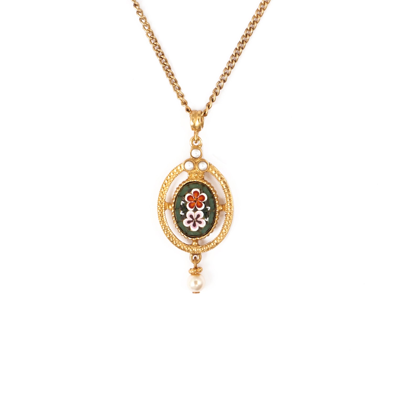 closeup of mosaic and pearl drop on Ben-Amun necklace