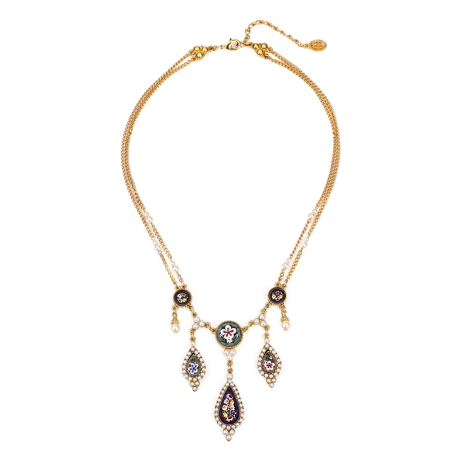 Ben-Amun gold plated necklace inlayed with six micro mosaic and pearl drops