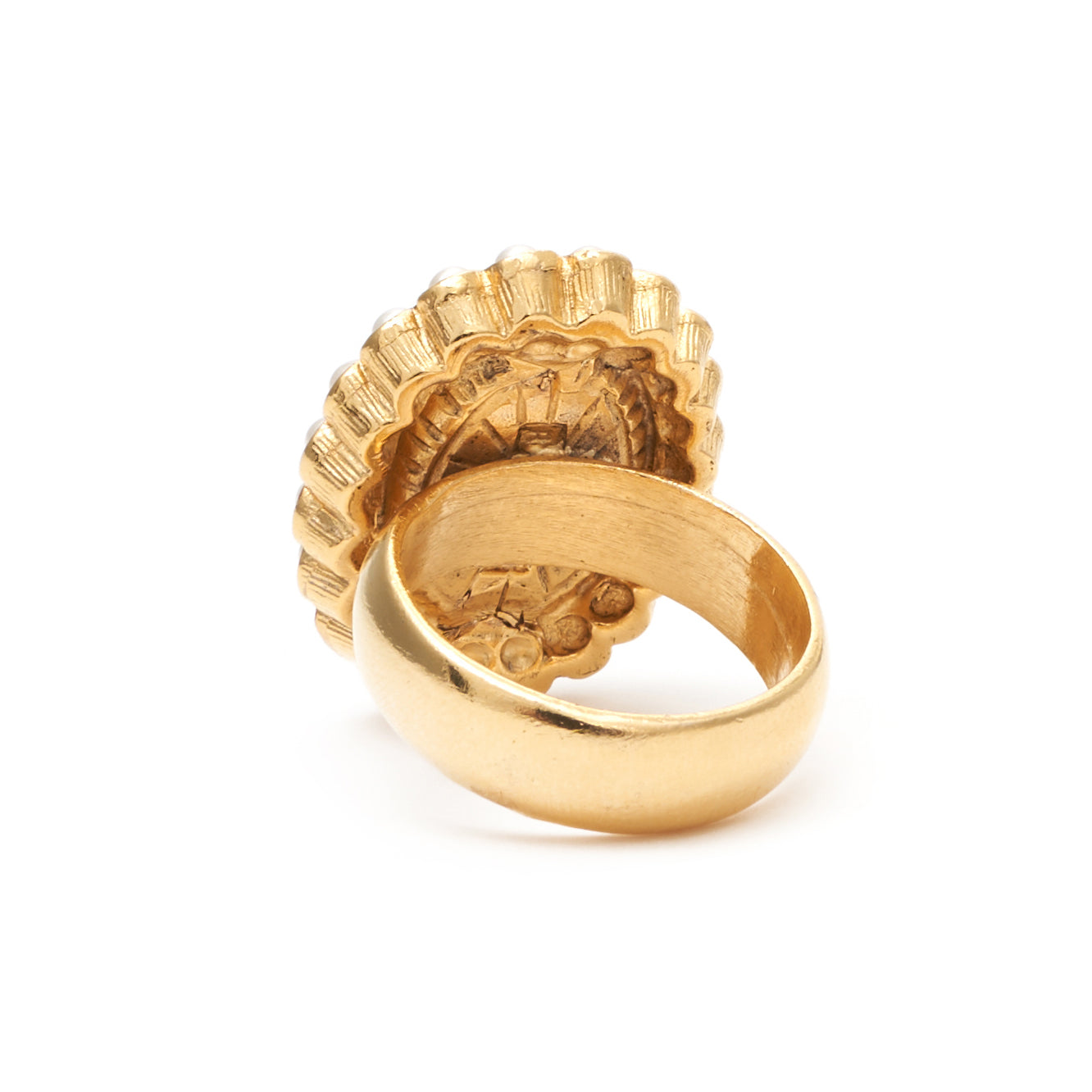 backside of gold plated pearl and mosaic ring