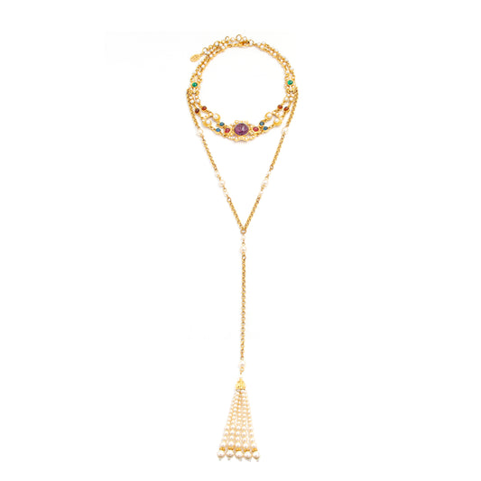 flatlay of Ben-Amun gold drop necklace with majorca pearls and czech glass stone