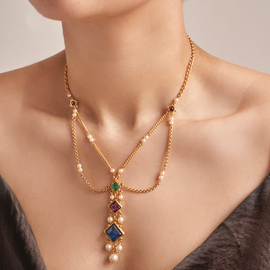Ben-Amun thin gold drop necklace with majorca pearls and czech glass stones
