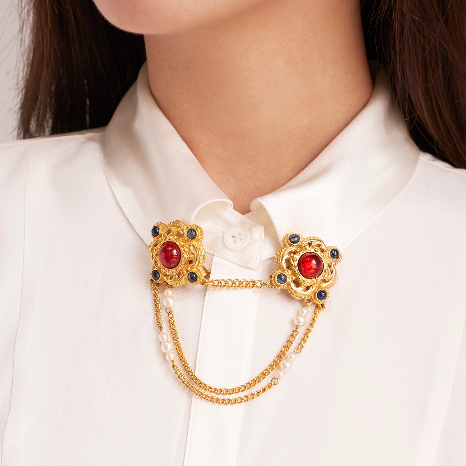 Ben-amun double pin connected by three gold chainlinks adorned with pearls and czech glass stones
