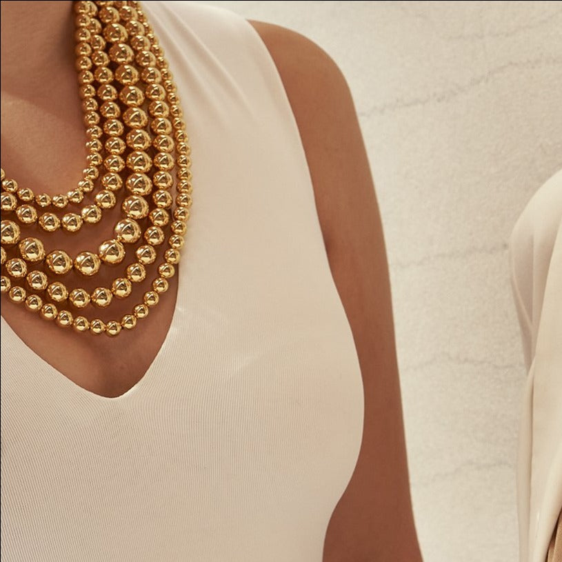 model wearing five layer gold ball necklace