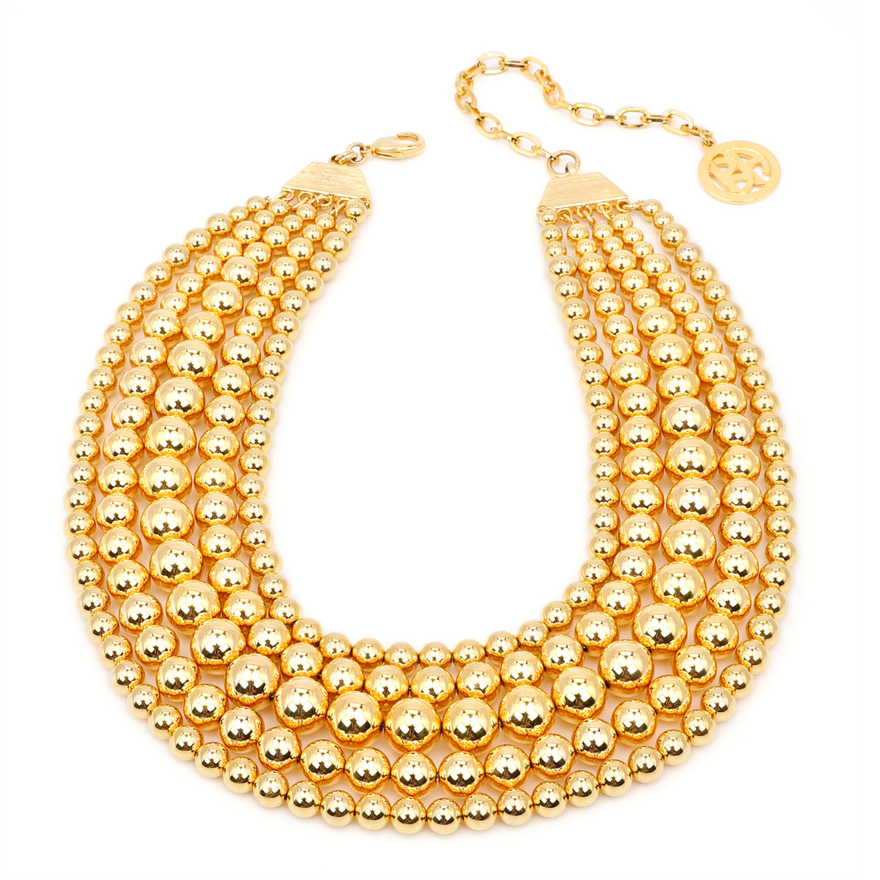 five layer gold ball necklace with lobster claw closure