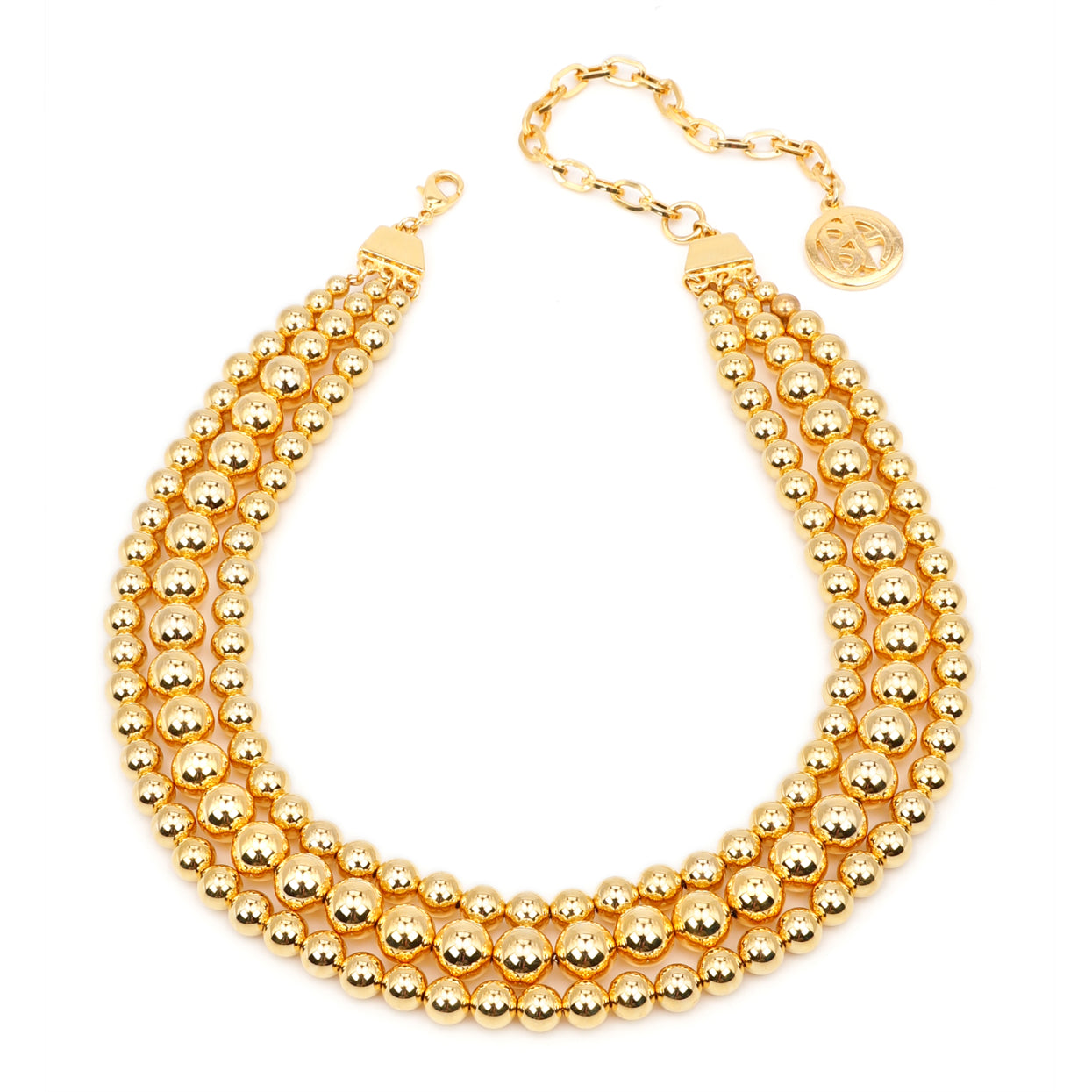 Ben-Amun three layer gold ball necklace with lobster claw closure