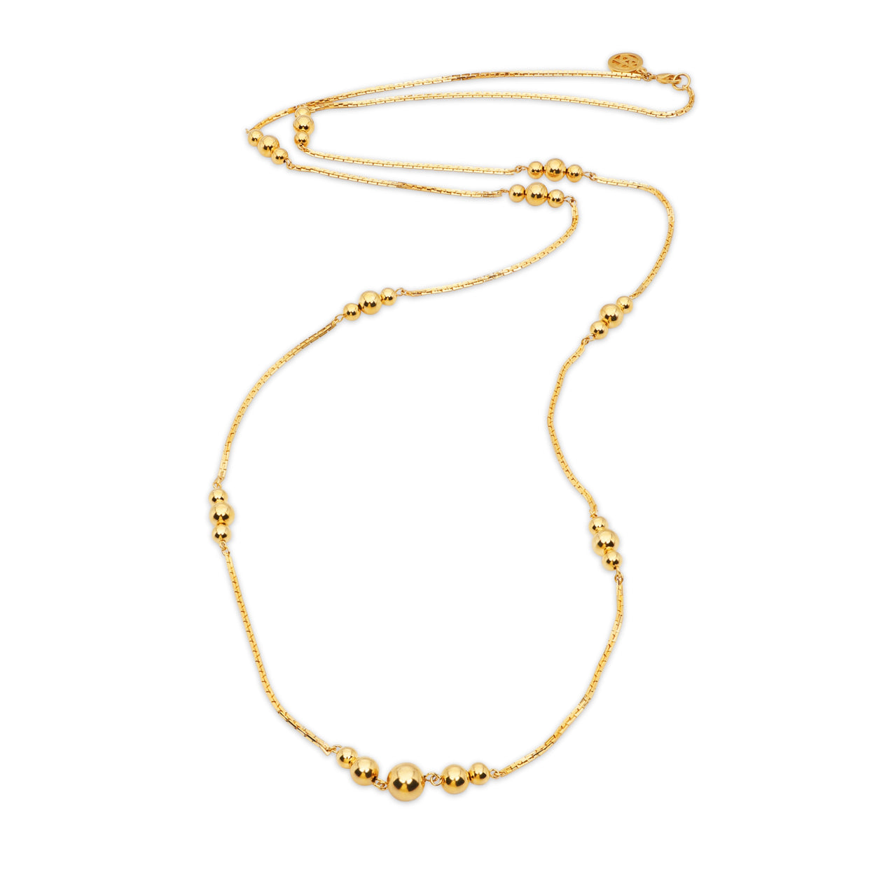 gold statement necklace with gold ball sections and lobster claw closure