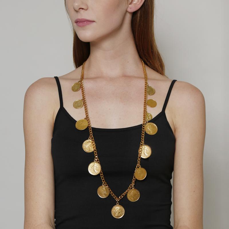 Long gold coin necklace outlet