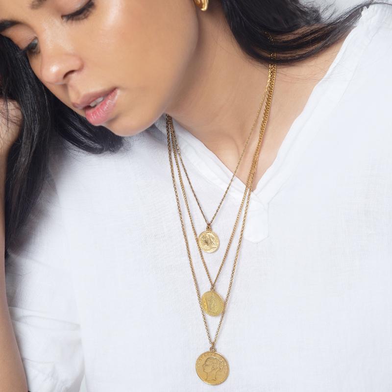 The Art of Layering Vintage Helvetia Coin Necklace | Ben-Amun | Coin Jewelry | Ancient Coin Jewelry | Gold Coin Jewelry | Handmade Coin Jewelry | Liberty Coin Necklace | Female Empowerment Jewelry | Women’s March Jewelry | Feminist Jewelry | 1 Franc | Switzerland Coin | Gold Layered Necklaces